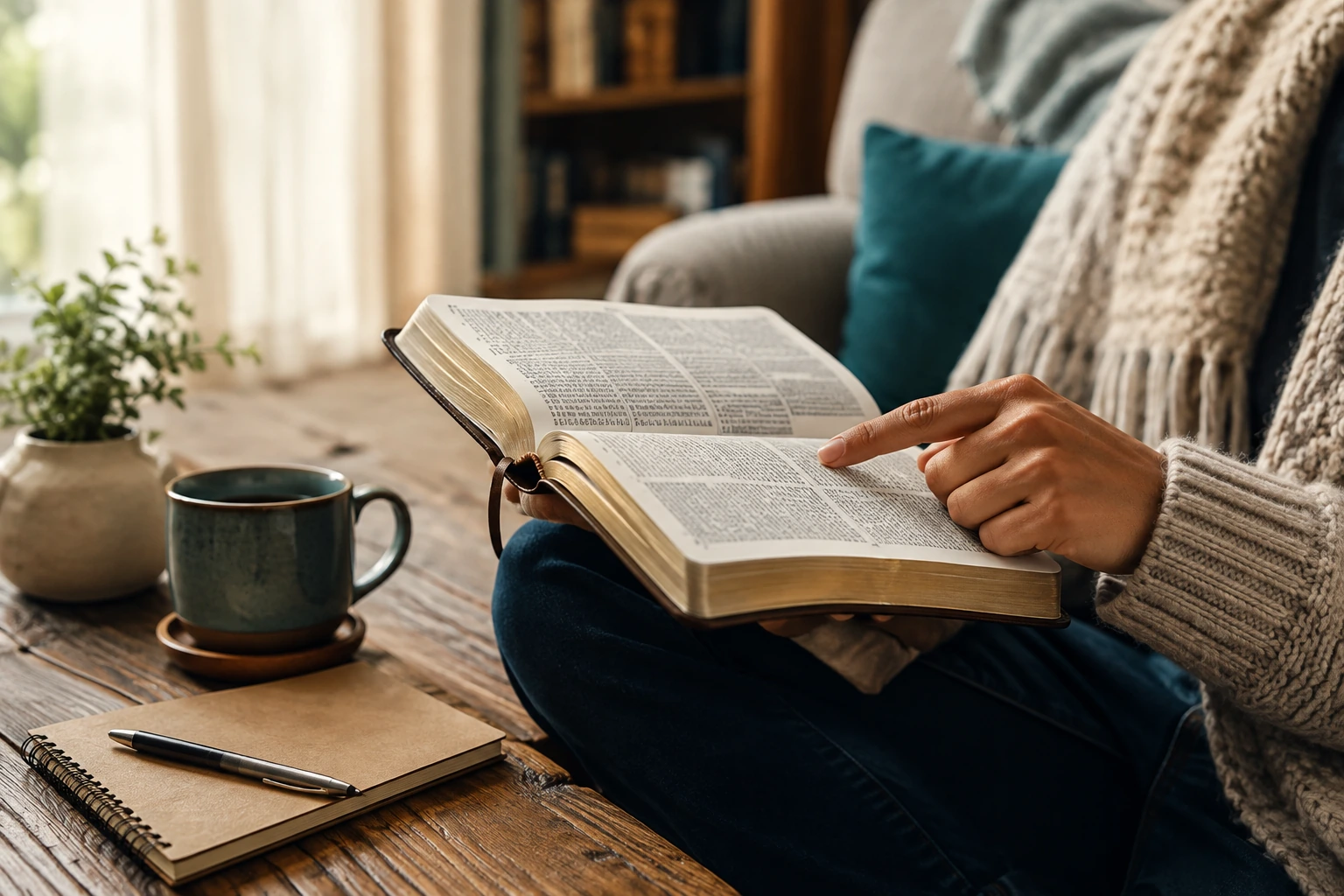Persona leyendo una Biblia abierta junto a una libreta en un entorno sereno y luminoso para representar una introducción a la hermenéutica.