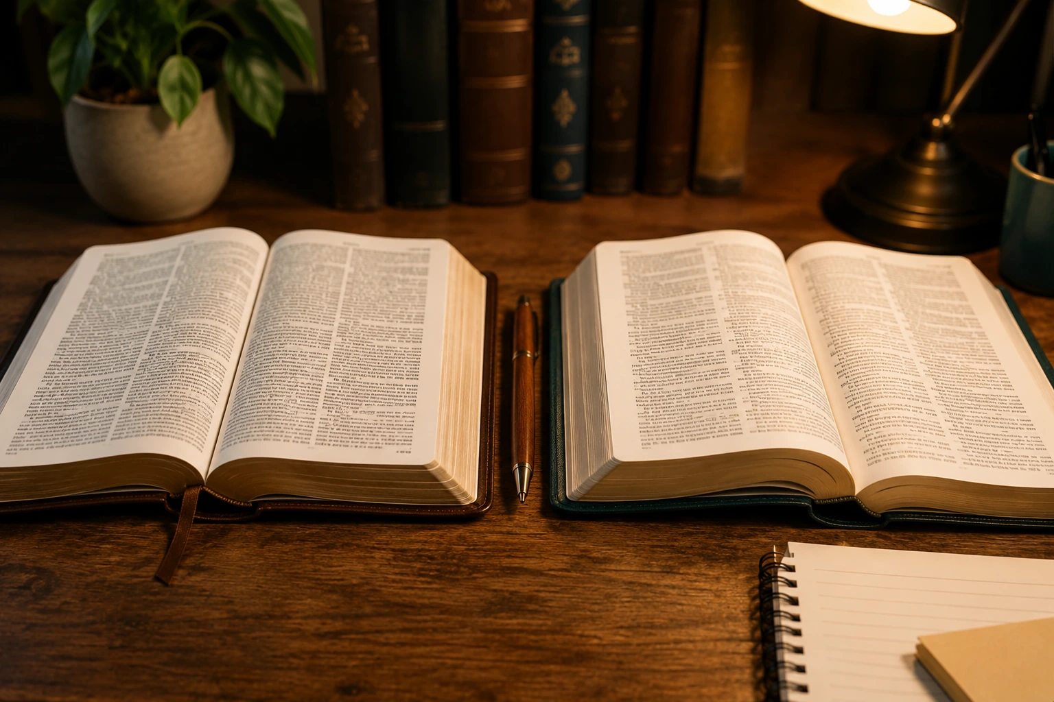 Dos Biblias abiertas colocadas lado a lado sobre una mesa de estudio para representar la comparación entre traducciones bíblicas.