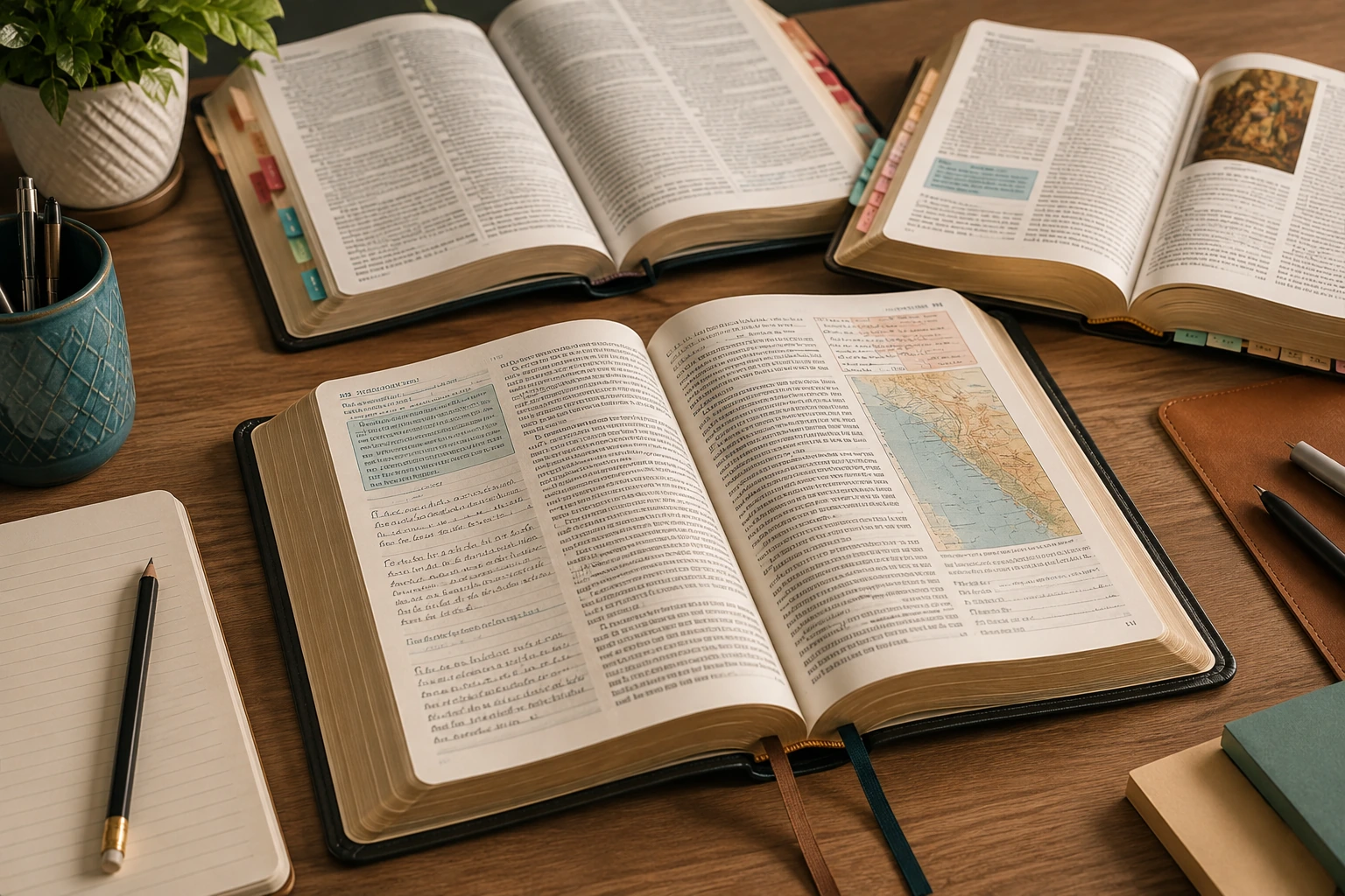 Varias Biblias de estudio abiertas con notas visuales, mapas y útiles de escritura sobre una mesa académica bien iluminada.