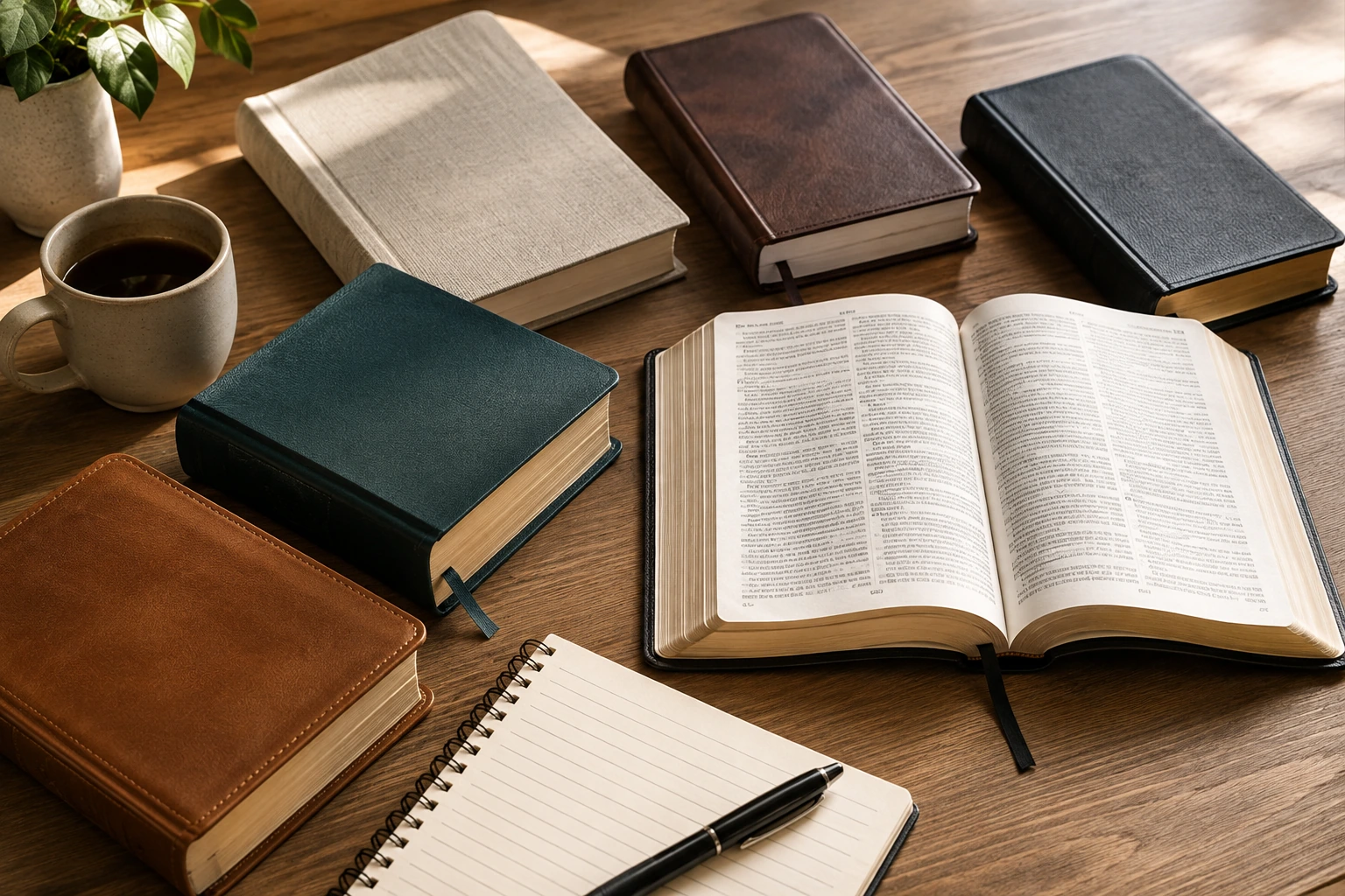 Mesa de estudio con Biblias, cuaderno y luz natural