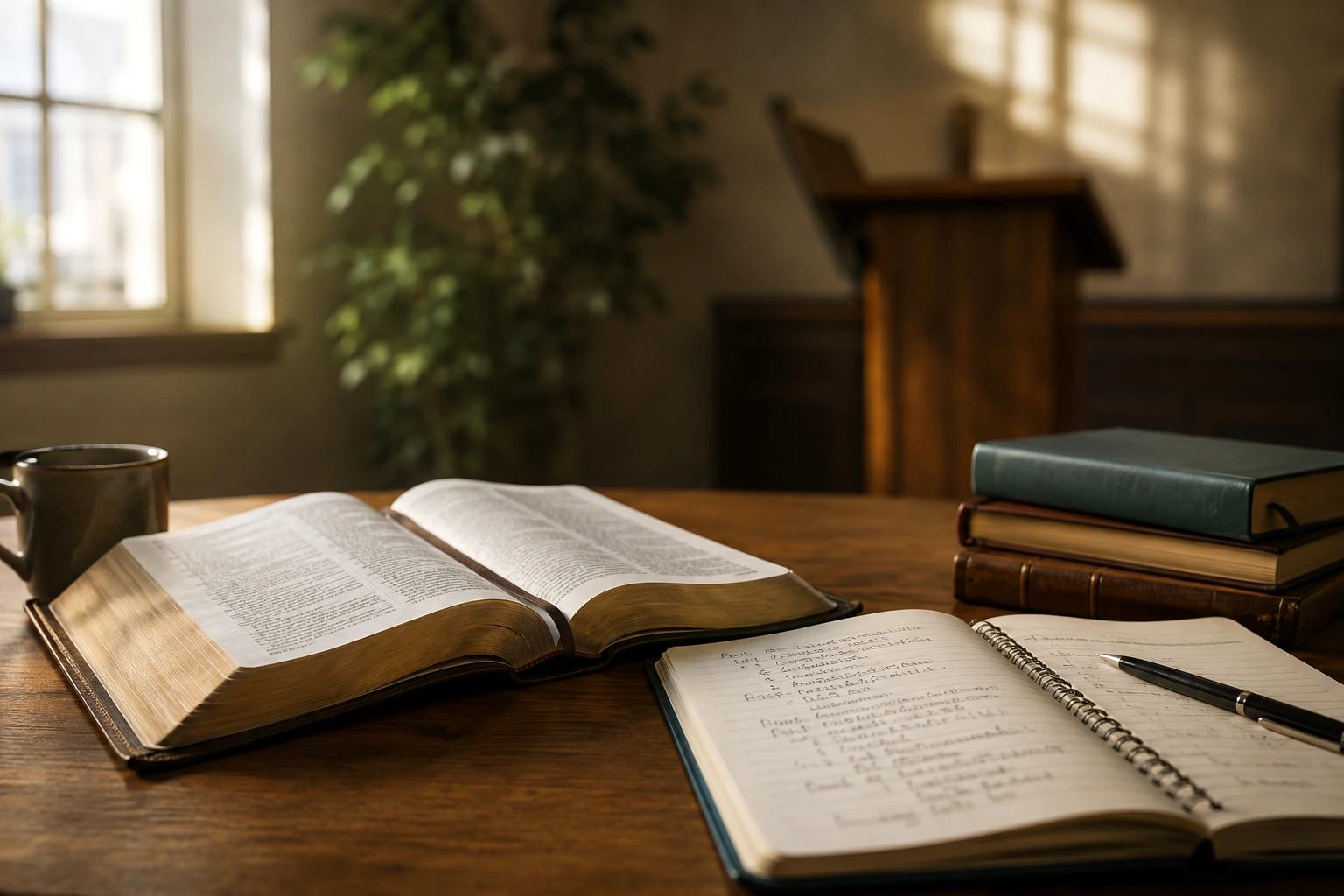 Biblia abierta y libros de estudio en una mesa iluminada, como imagen del trabajo con antiguas traducciones bíblicas y la Septuaginta.