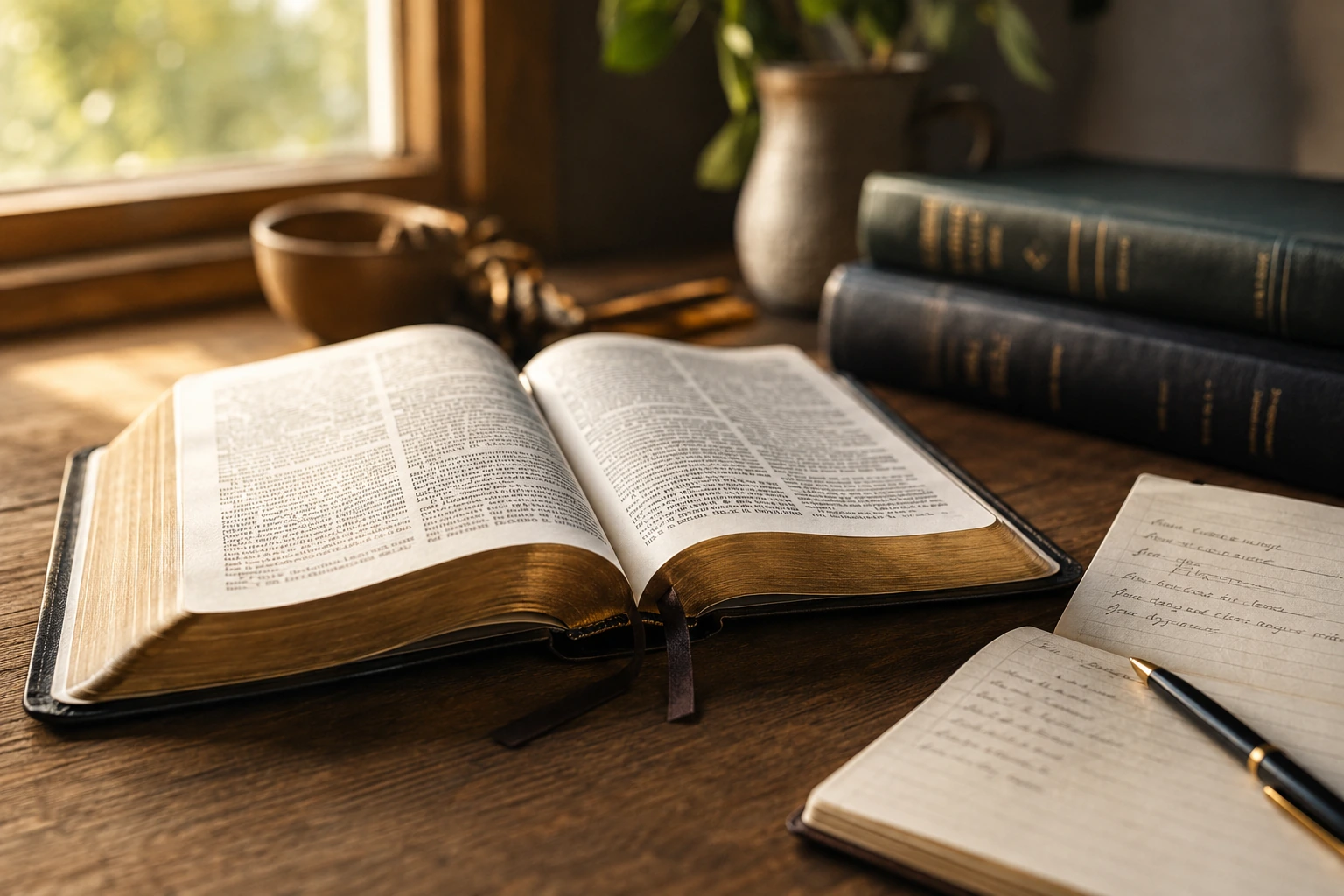 Escena de lectura y estudio bíblico que sugiere observación, interpretación y aplicación mediante Biblia, cuaderno y notas.