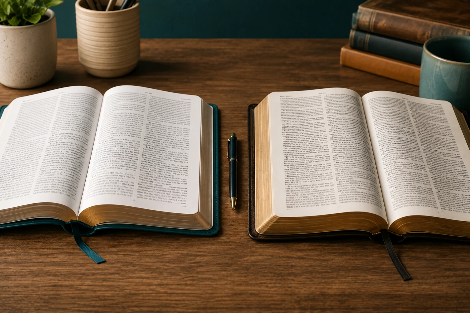 Biblia abierta y material de lectura organizado sobre una mesa, apropiado para ilustrar un plan sostenido de lectura bíblica.