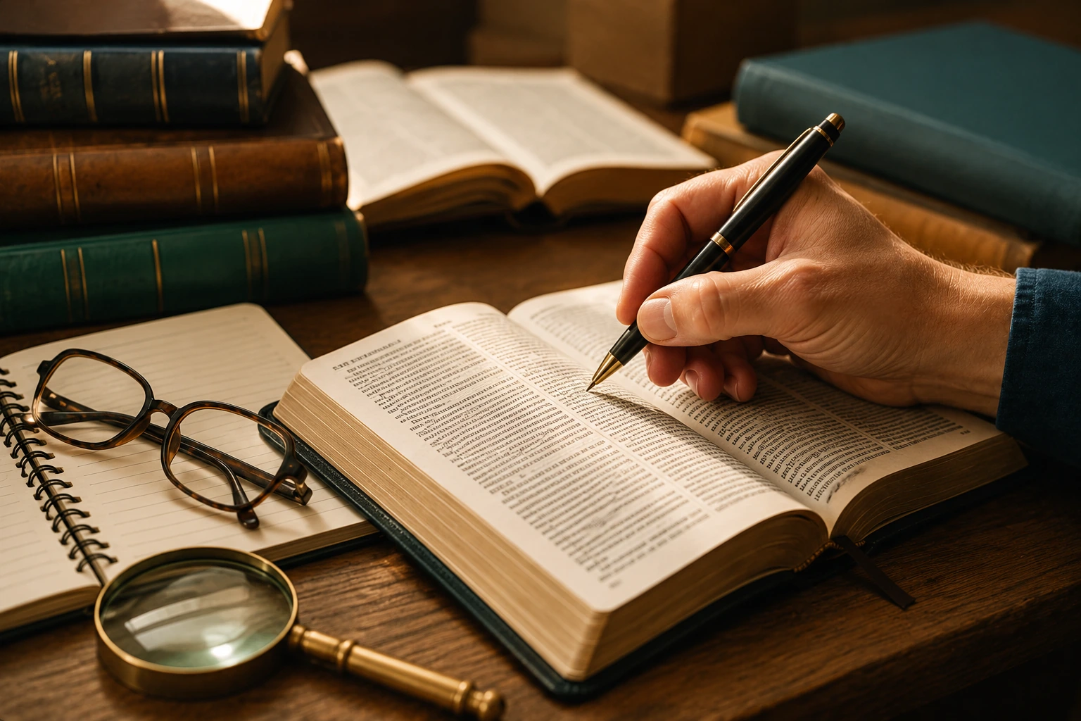 Mesa de estudio bíblico con Biblia abierta, anotación y herramientas de análisis, sin texto gráfico añadido.