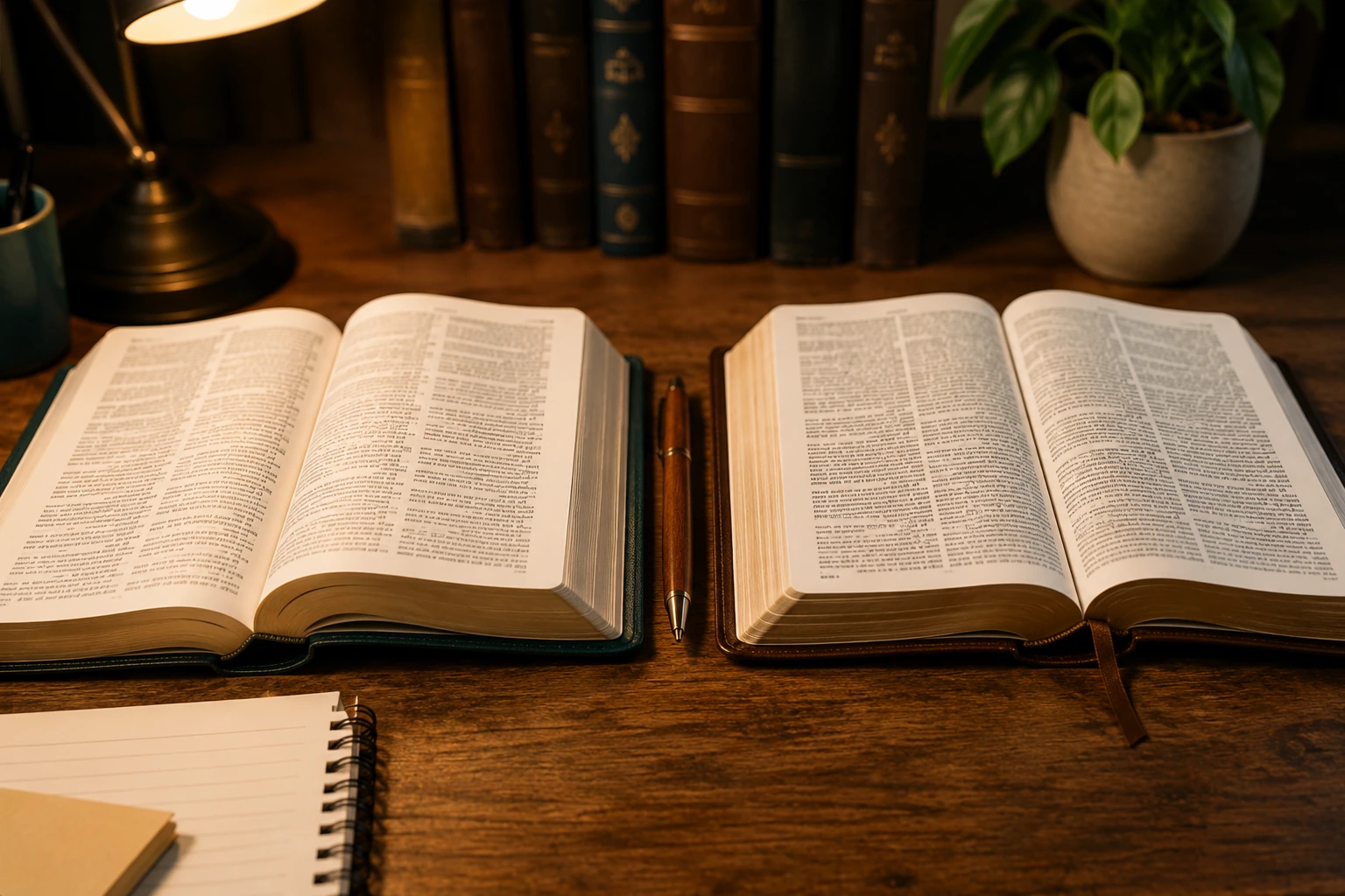 Dos Biblias y materiales de estudio dispuestos para comparación, como imagen editorial de las distintas numeraciones de los diez mandamientos.