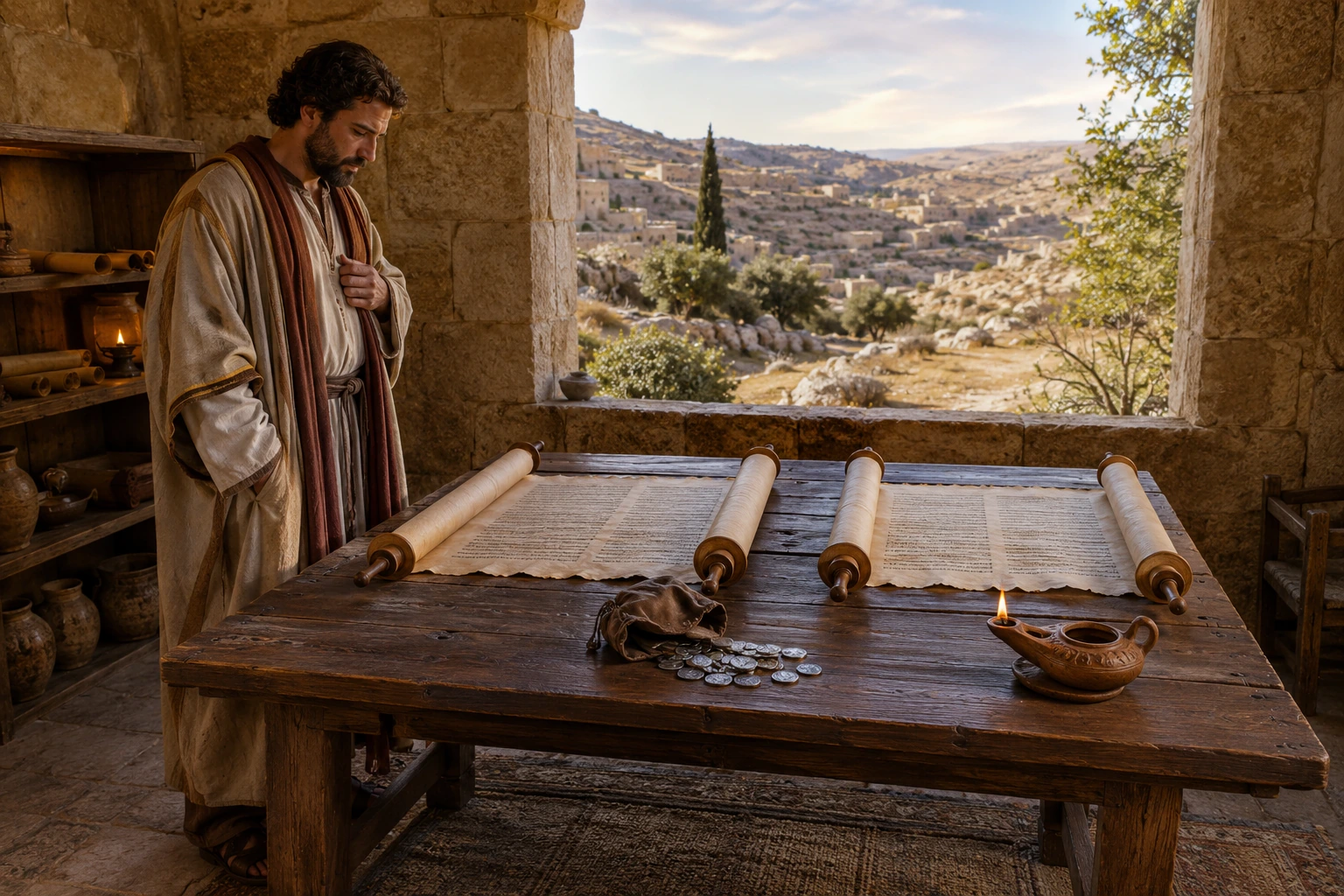 Interior antiguo con un hombre de pie junto a una mesa con dos pergaminos, monedas y una lámpara, escena asociada a la comparación entre Mateo y Hechos sobre Judas.