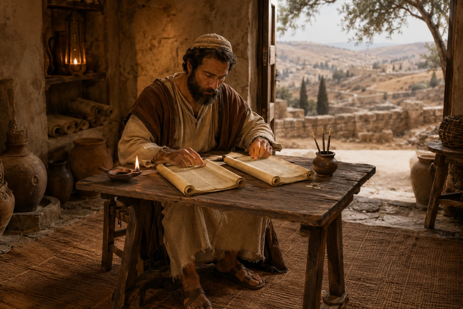 Estudioso sentado ante dos pergaminos abiertos en un ambiente antiguo, escena asociada a la pregunta de por qué existen dos relatos sobre la muerte de Judas.