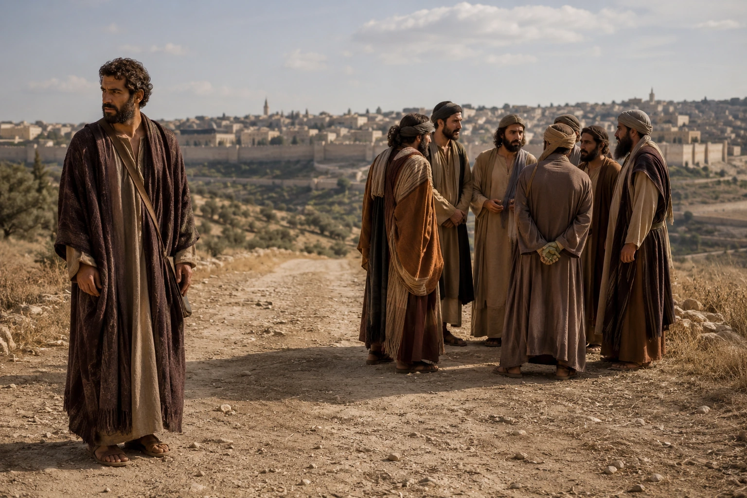 Grupo de discípulos en un camino de Judea con una figura apartada a la izquierda y una ciudad al fondo, escena asociada a Judas Iscariote dentro del grupo de discípulos.