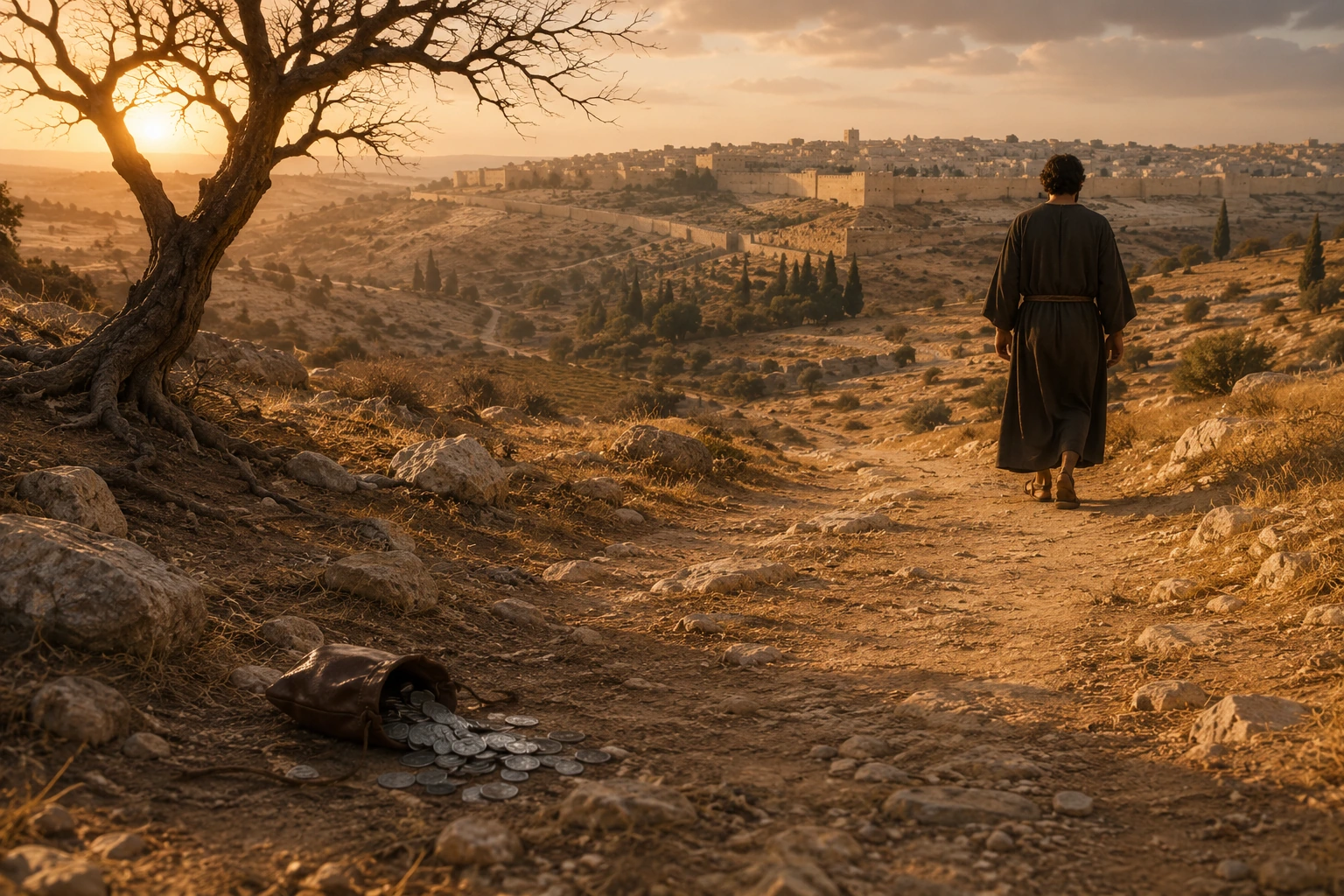 Escena panorámica de Judea al atardecer con un camino pedregoso, una bolsa de monedas en primer plano y un hombre alejándose hacia una ciudad amurallada, asociada a la muerte de Judas.