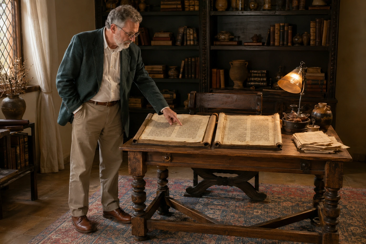 Erudito de pie revisando dos grandes manuscritos en una biblioteca, imagen asociada a ejemplos de aparentes contradicciones bíblicas.