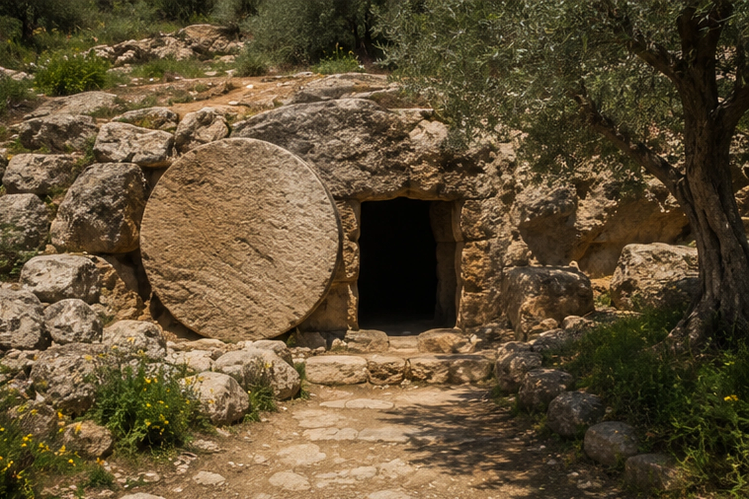 Tumba excavada en roca de Judea con entrada oscura y piedra circular, imagen asociada al significado bíblico de Sheol.