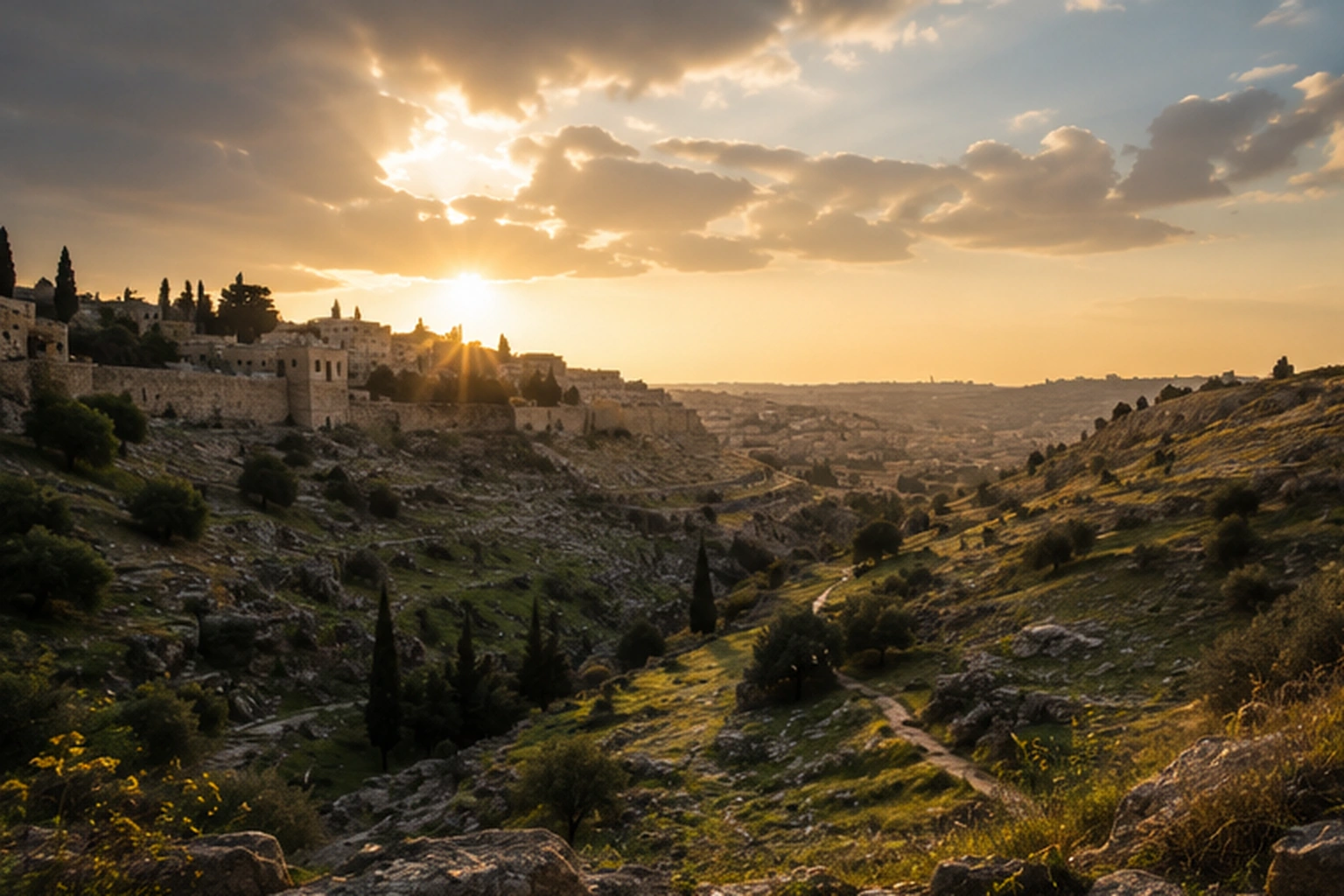 Valle rocoso junto a una ciudad antigua al amanecer, imagen asociada al valle de Hinom y al término Gehenna.