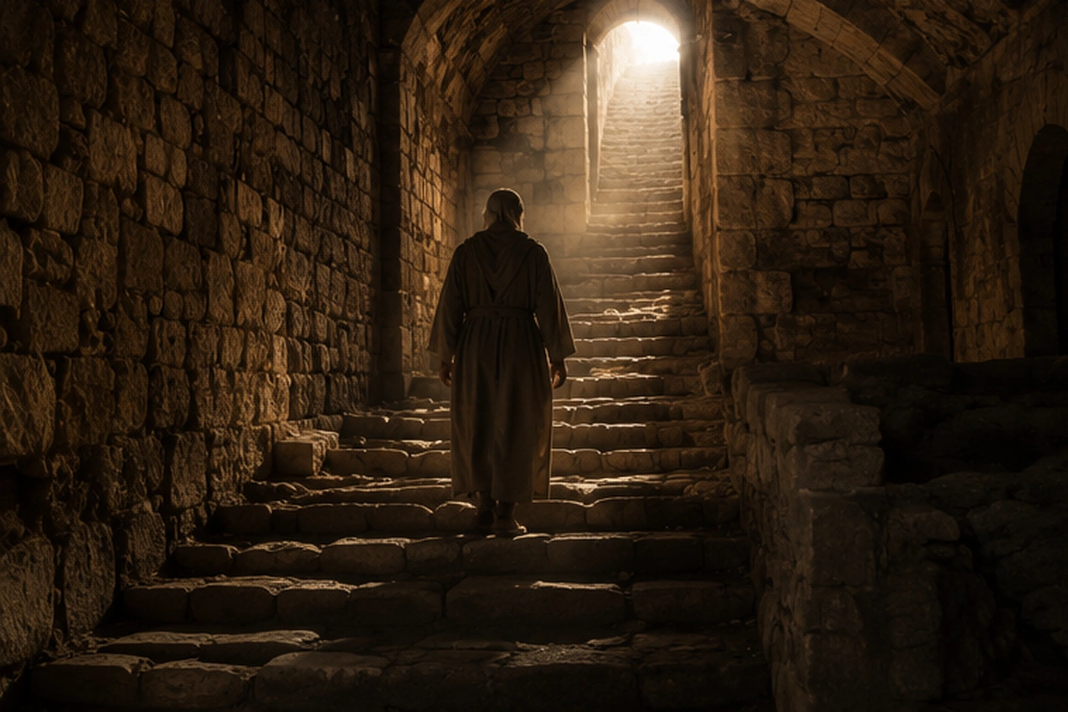 Figura completa caminando por un pasaje subterráneo de piedra hacia la luz, imagen asociada a la comparación conceptual entre Hades y Sheol.