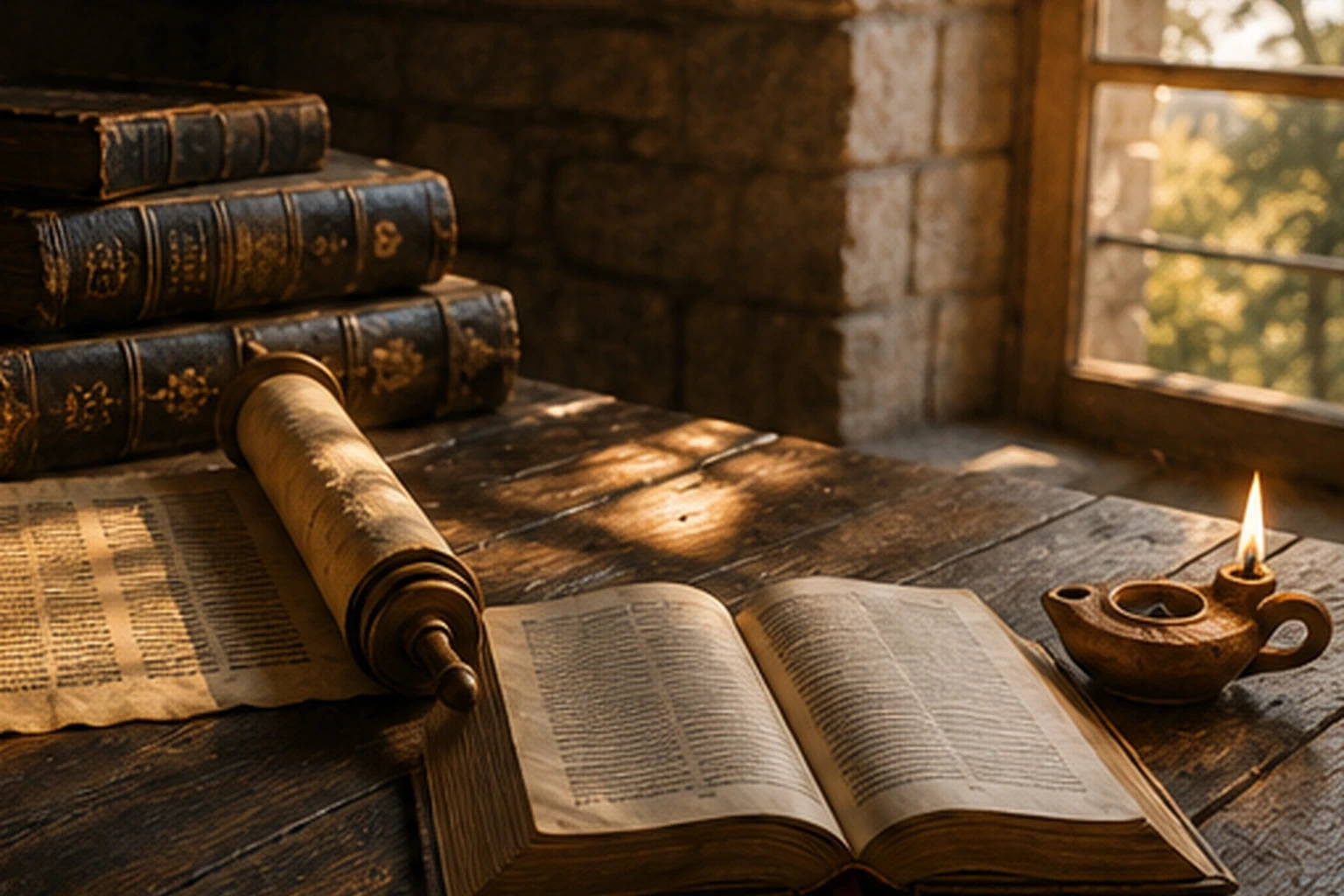 Pergaminos, libros y lámpara de aceite sobre una mesa de estudio antigua, imagen asociada al análisis de las distintas palabras bíblicas traducidas como infierno.