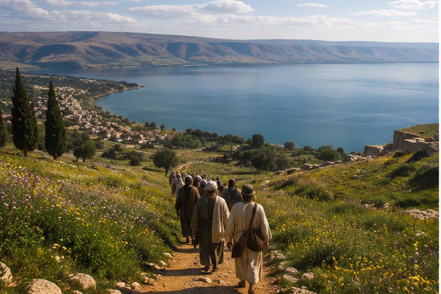 Grupo de personas camina por una ladera de Galilea hacia aldeas junto al lago, imagen asociada al anuncio de que el Reino de Dios está cerca.
