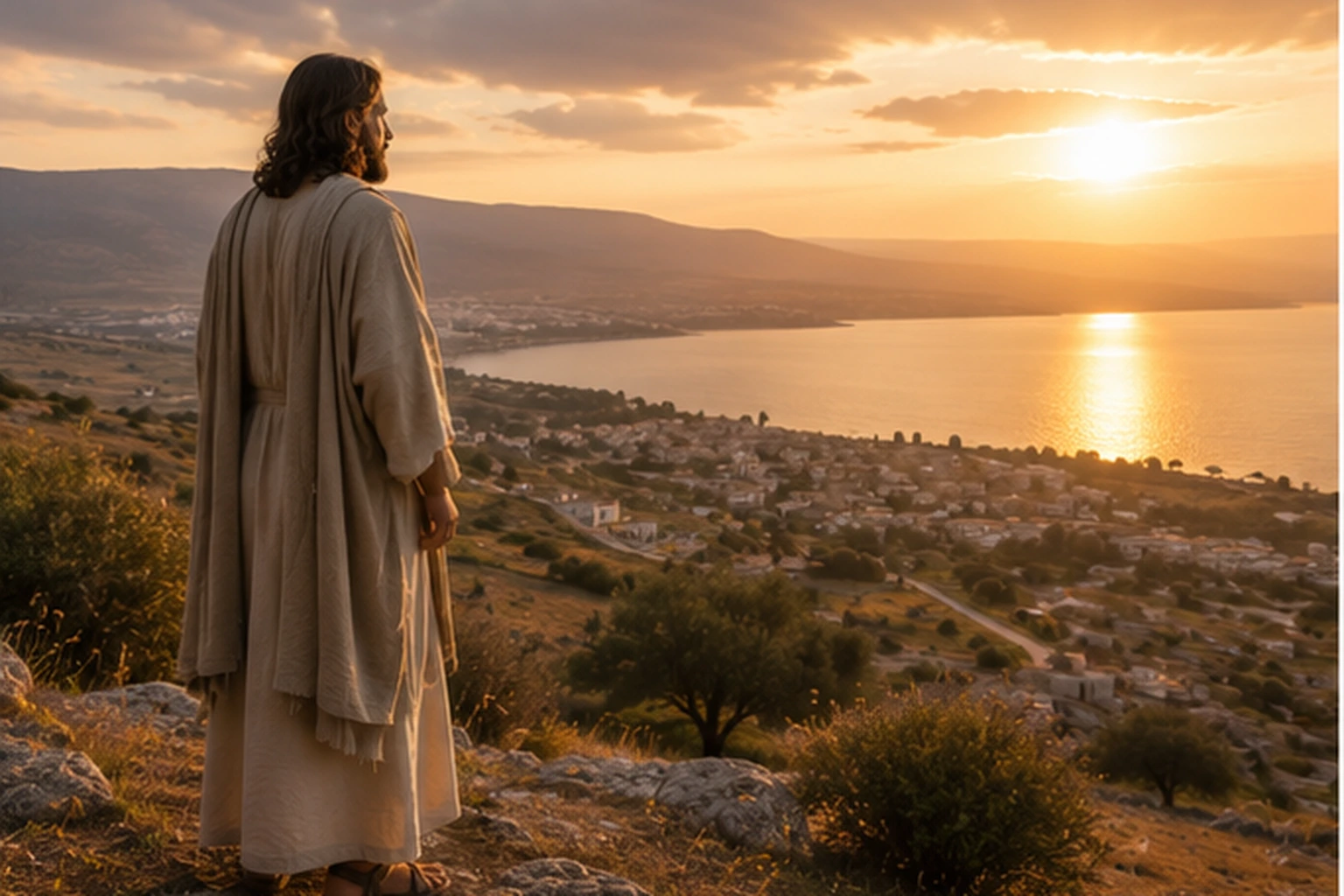 Jesús de cuerpo completo contempla Galilea al amanecer, imagen editorial asociada al significado bíblico del Reino de Dios.