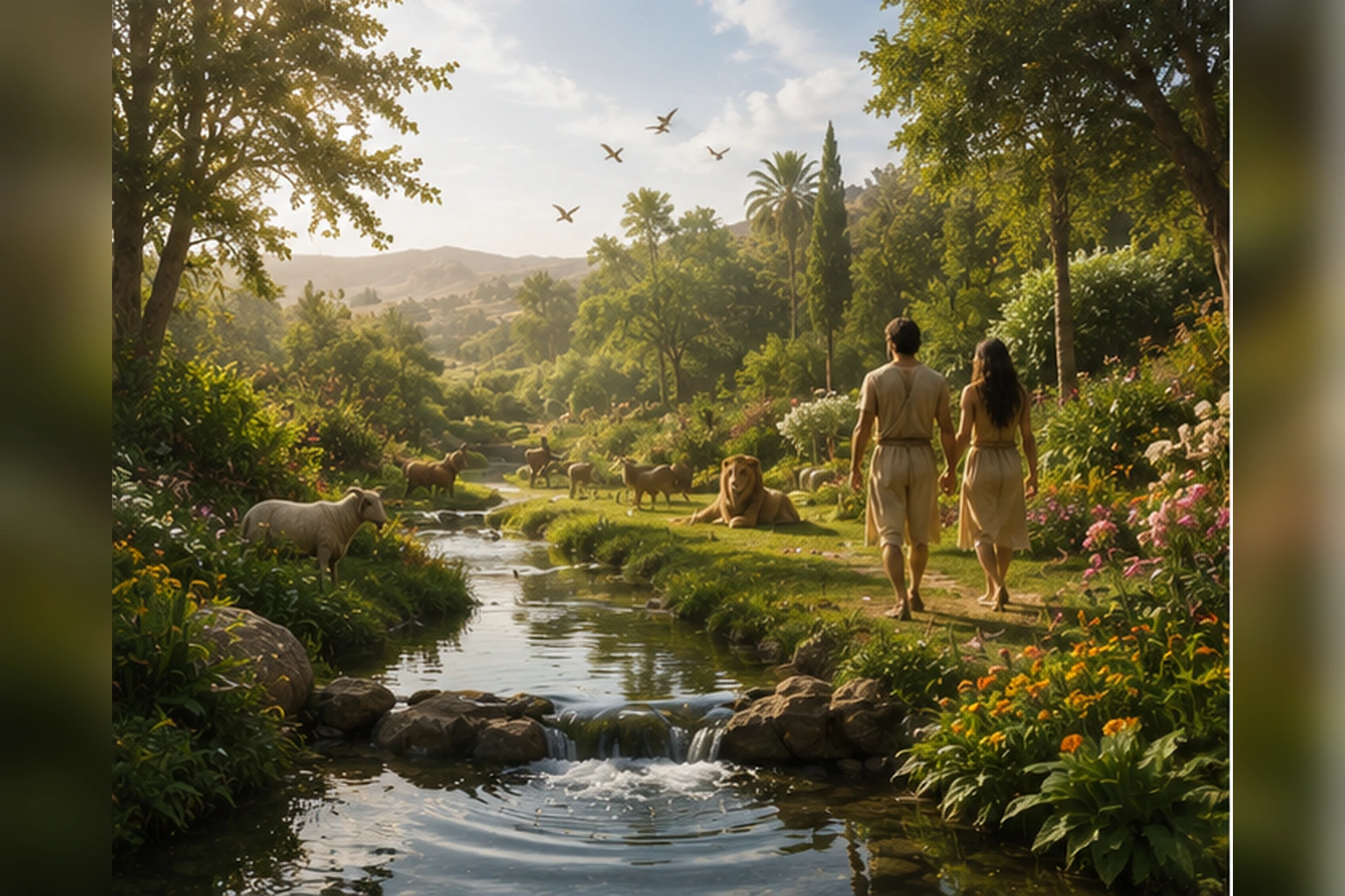Hombre y mujer de cuerpo completo caminan por un jardín exuberante con agua y animales, imagen asociada a la creación en los primeros capítulos de Génesis.