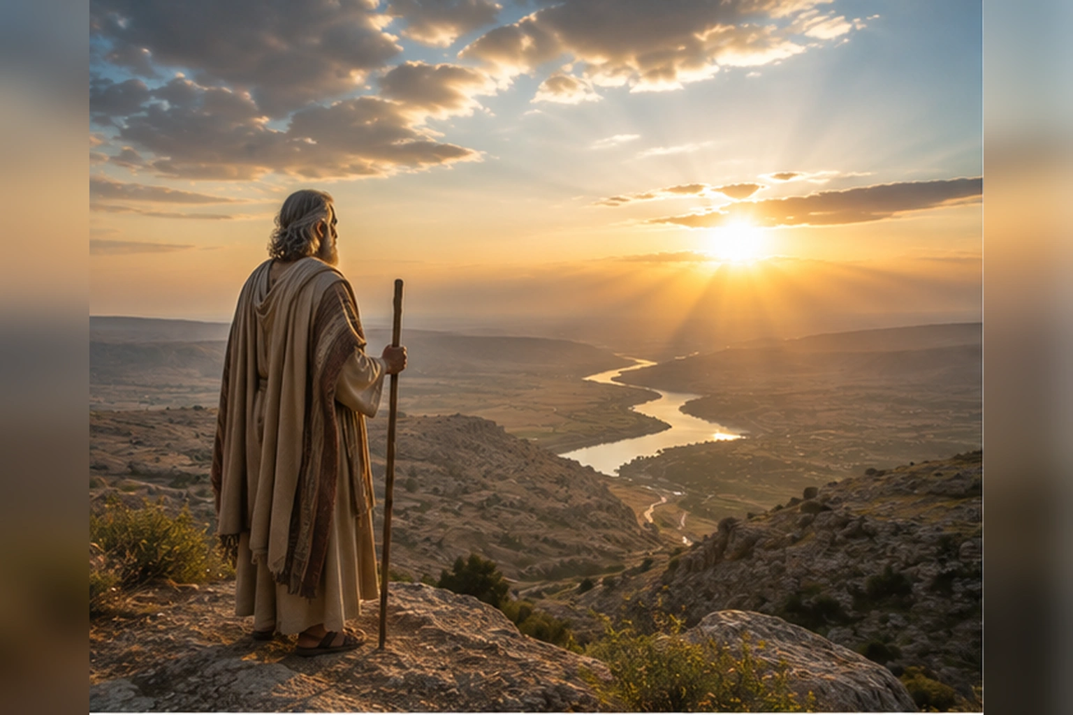 Patriarca de cuerpo completo contempla un amplio valle al amanecer, imagen editorial asociada a las historias de los orígenes y patriarcas en Génesis.
