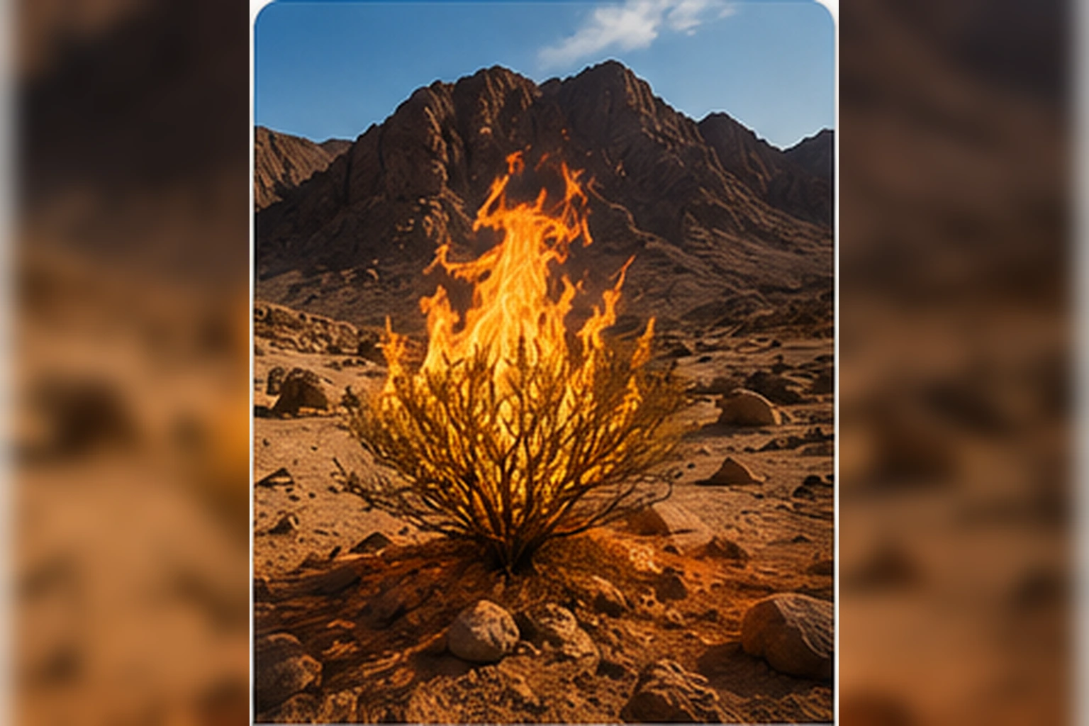 Zarza ardiendo en un paisaje del Sinaí, imagen asociada a la revelación del nombre YHWH a Moisés.