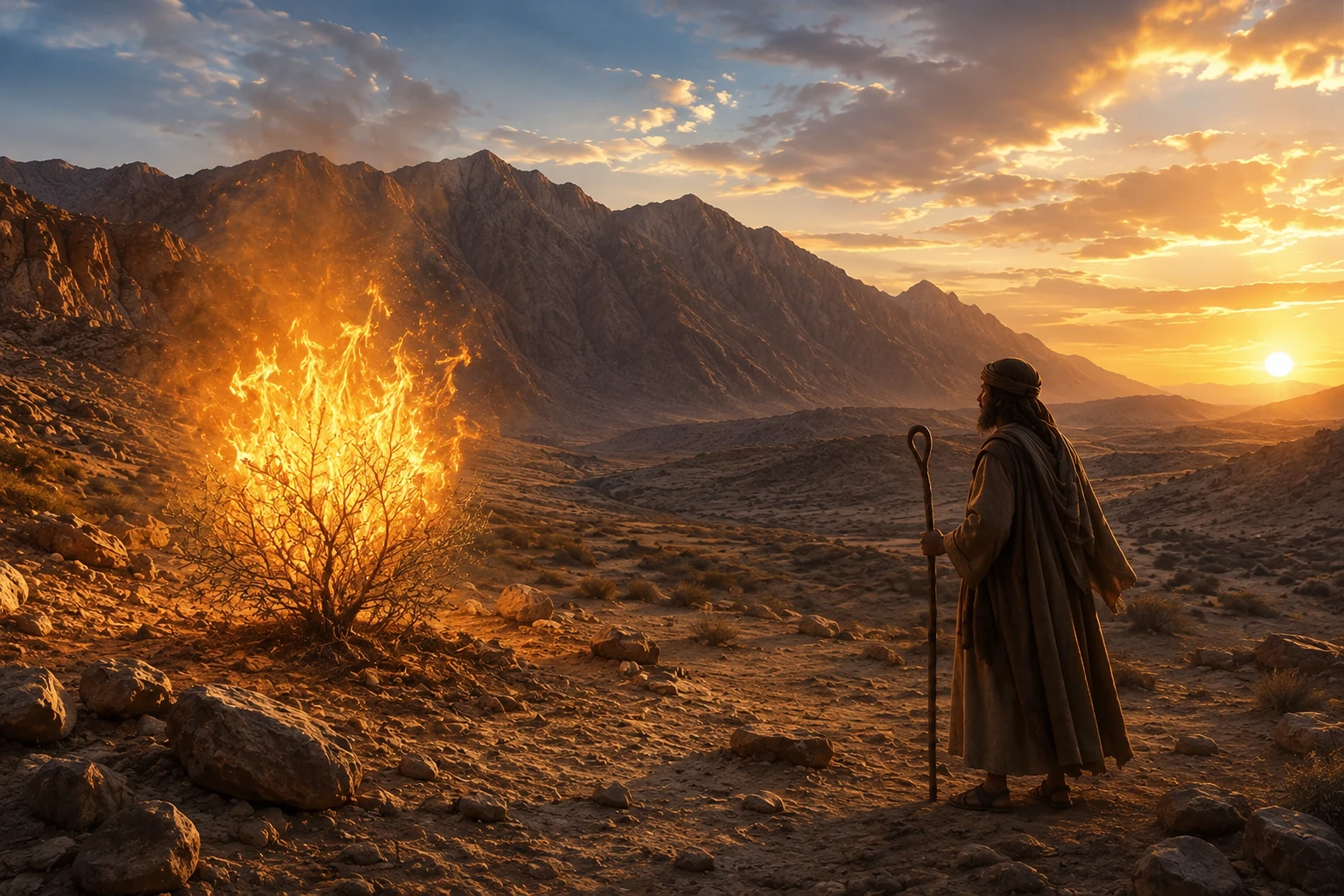Moisés de cuerpo completo contemplando el desierto y las montañas, imagen asociada a la vocación de Éxodo 3 y al nombre de Dios.