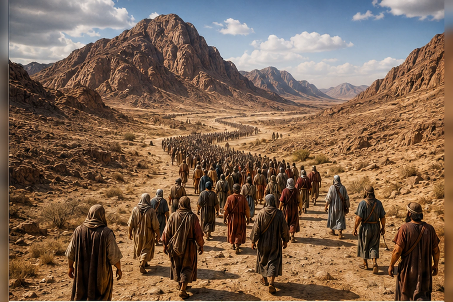 Familias israelitas caminando por un valle desértico después de salir de Egipto, escena panorámica asociada al libro del Éxodo.
