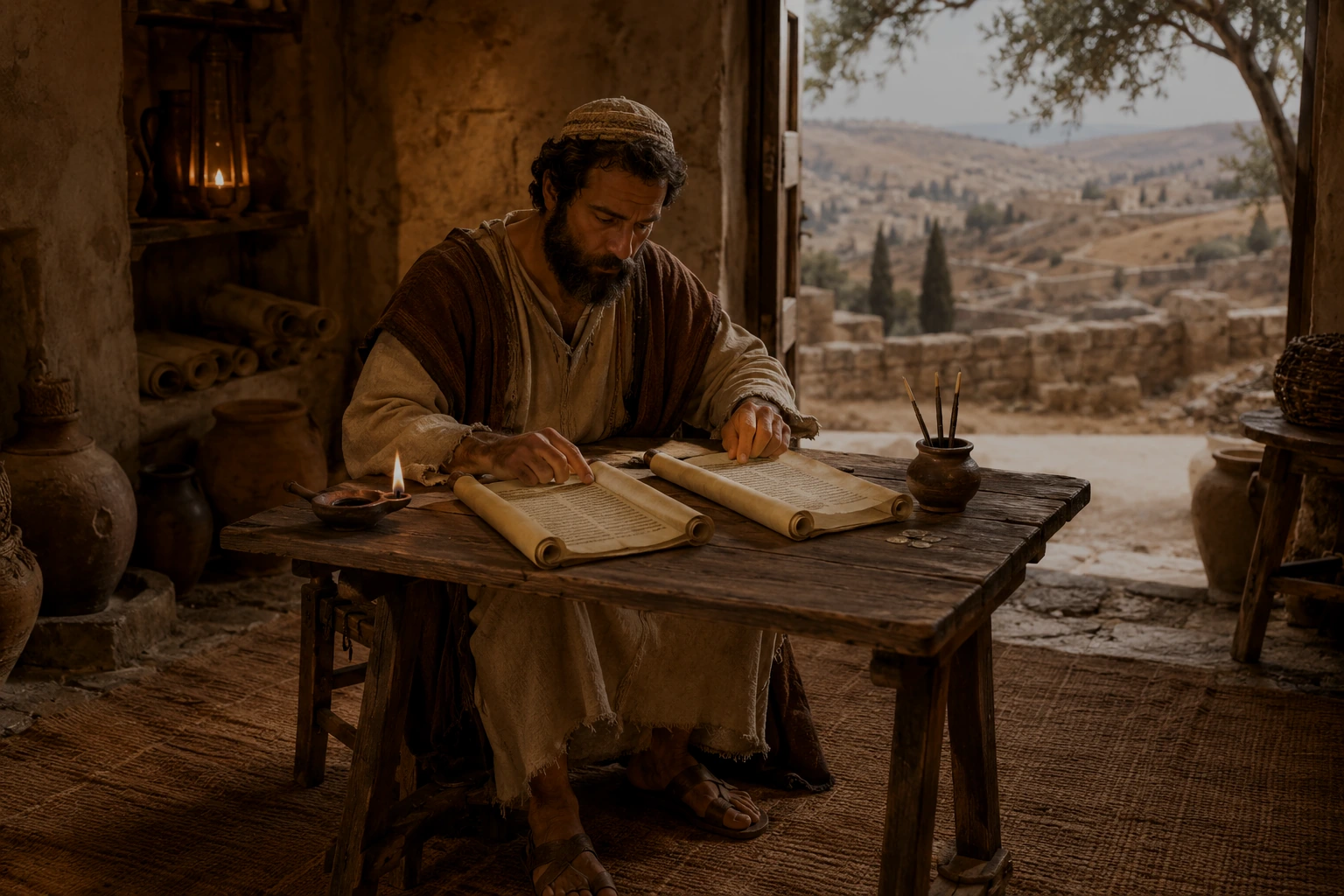 Estudioso antiguo sentado ante pergaminos en un ambiente sobrio, imagen asociada a Nicodemo y el nuevo nacimiento en Juan 3.