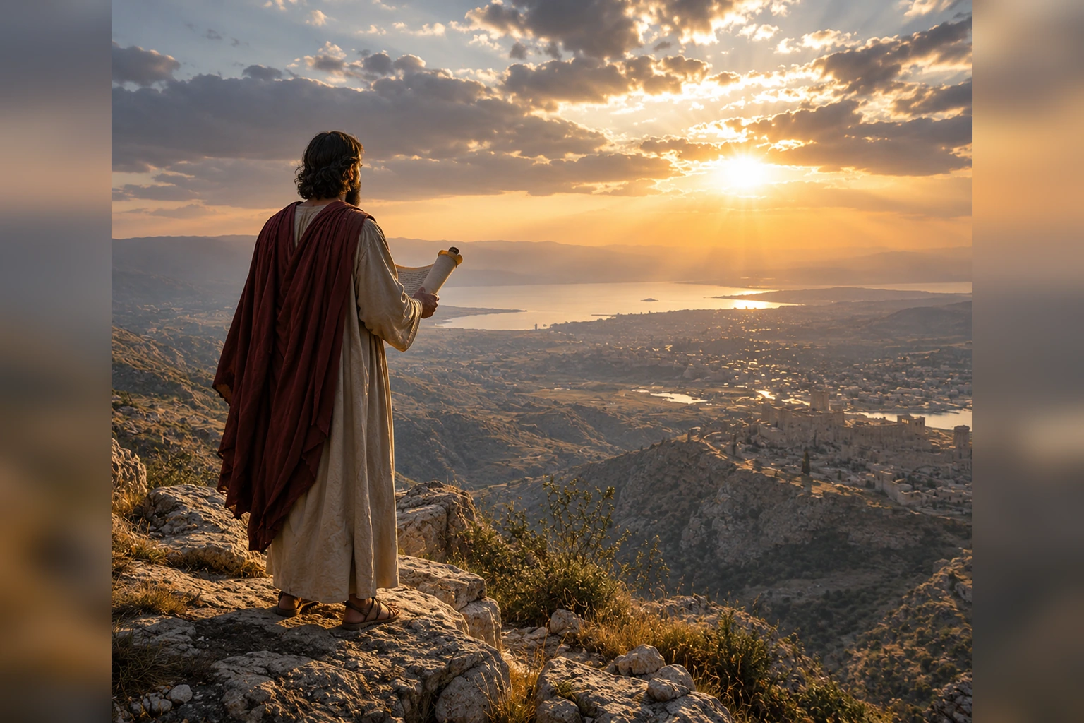 Figura de cuerpo completo contemplando un amplio paisaje iluminado al amanecer, imagen simbólica de revelación o desvelamiento.