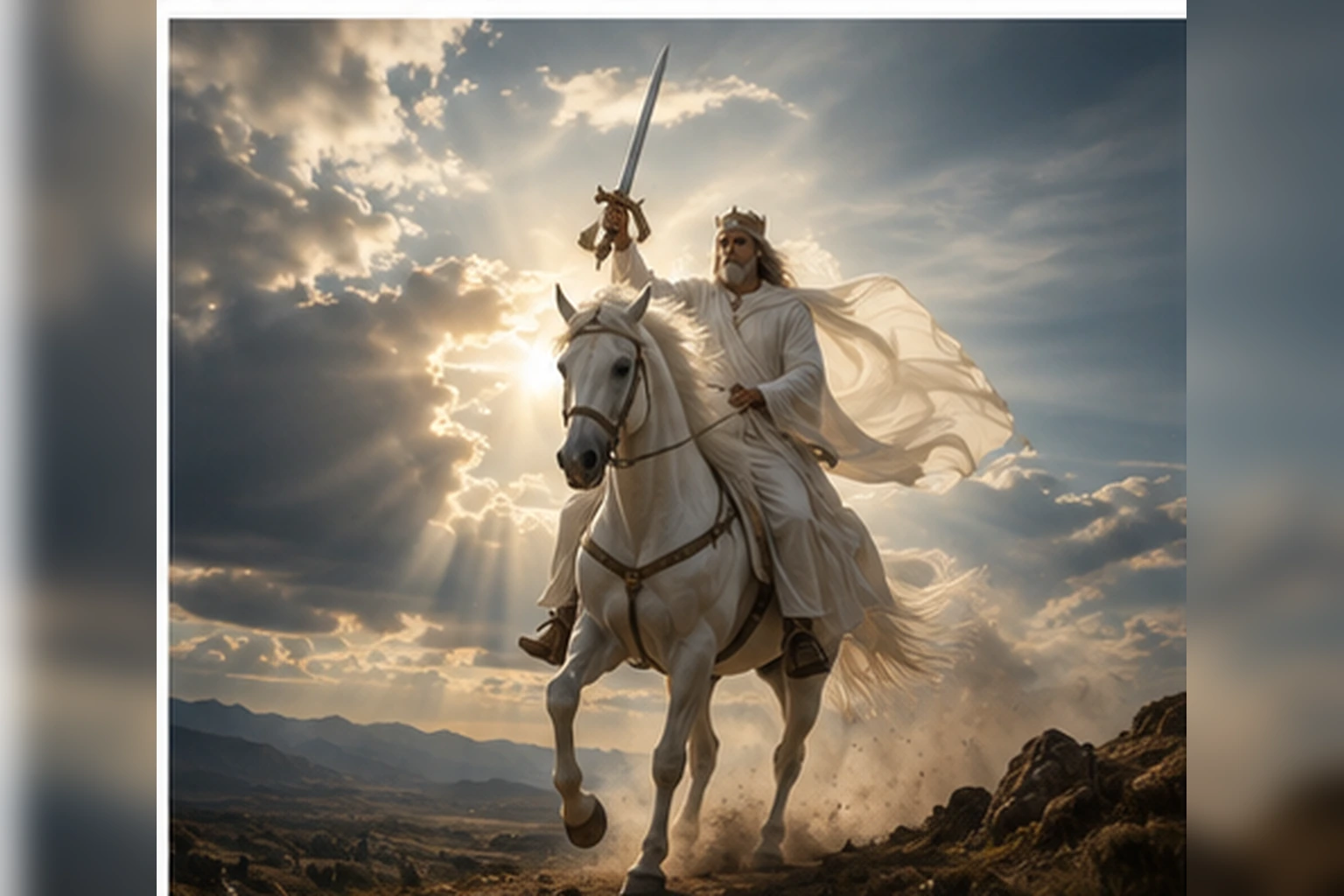Jinete vestido de blanco sobre un caballo en un paisaje dramático, imagen simbólica del lenguaje escatológico del Apocalipsis.