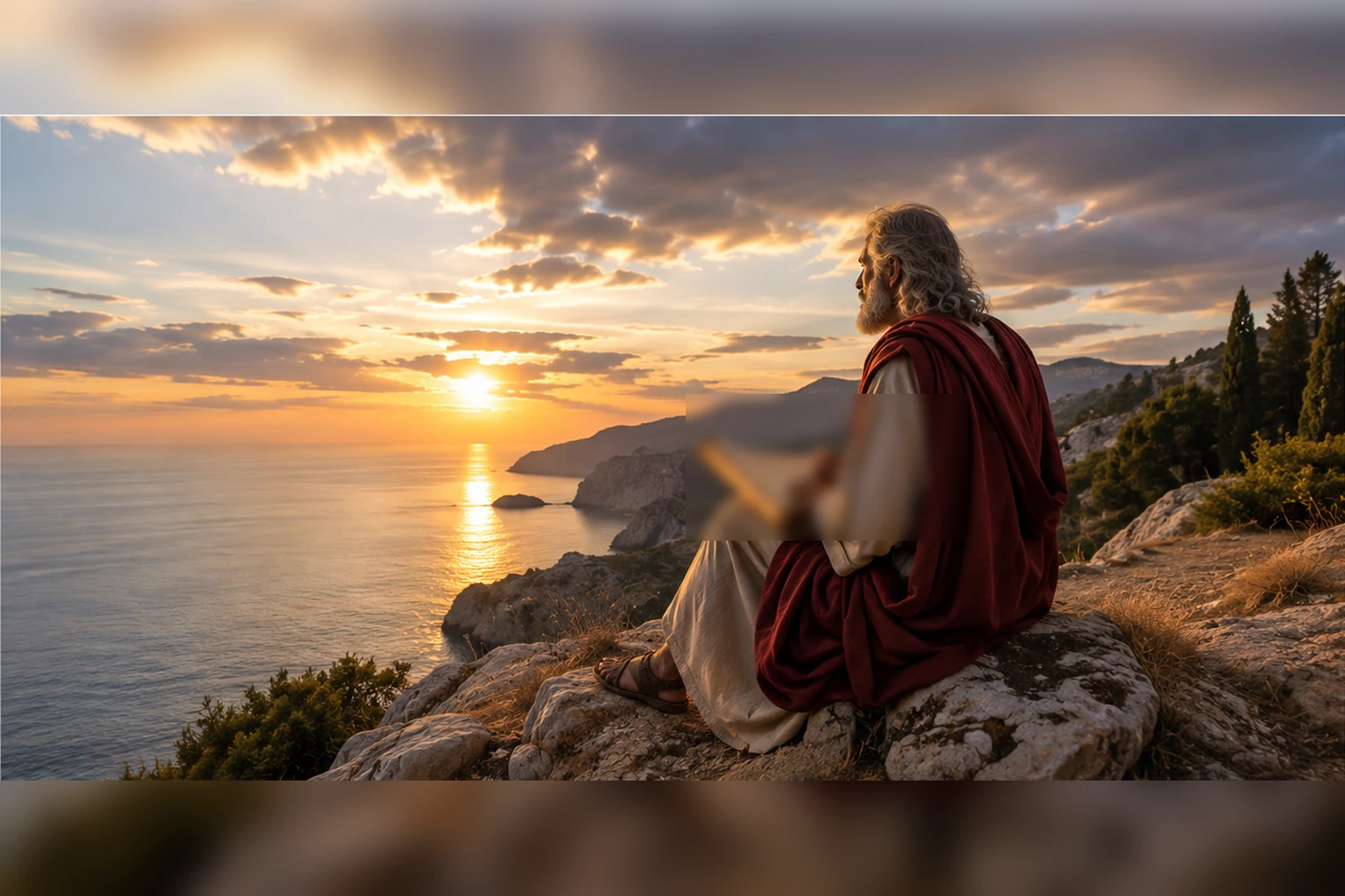 Autor antiguo sentado en una costa rocosa del Egeo al atardecer, asociado al contexto de Patmos y al libro de Apocalipsis.