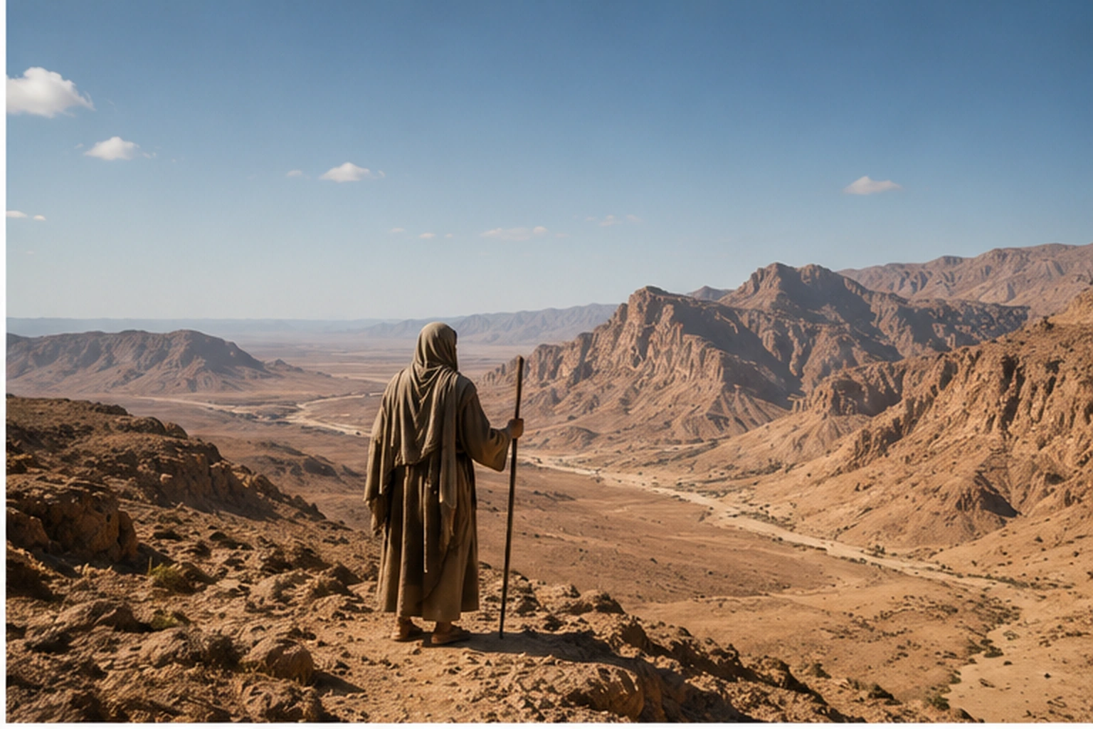 Figura solitaria de cuerpo completo atravesando un paisaje árido y montañoso, imagen simbólica asociada al Siervo sufriente de Isaías 53.