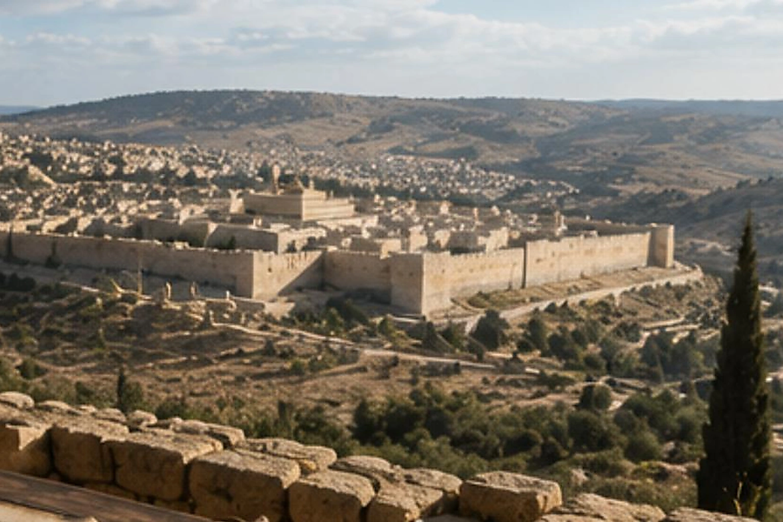 Vista amplia de una ciudad amurallada de Judea y sus colinas, asociada al contexto histórico de la señal de Emmanuel en Isaías 7:14.