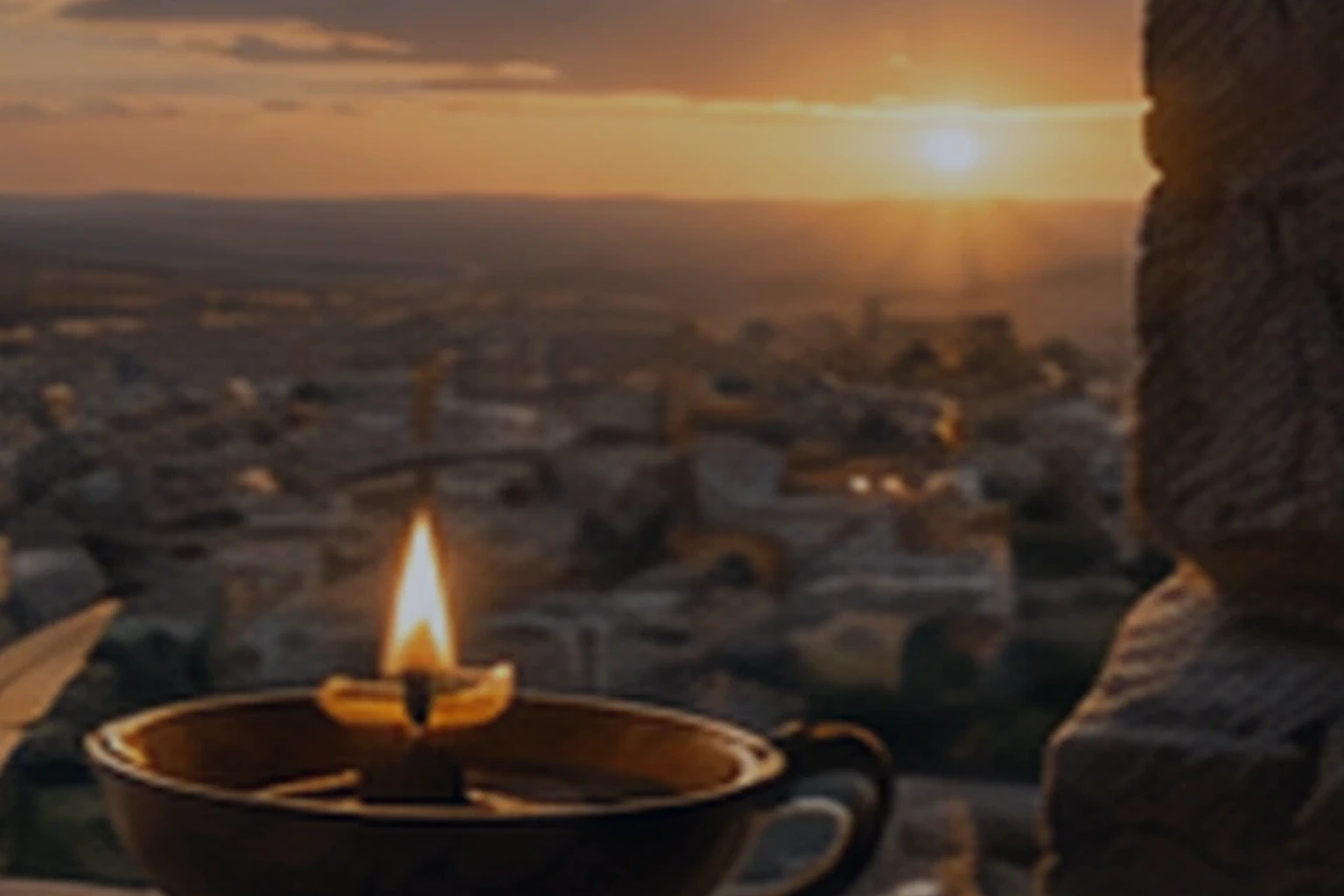 Lámpara de aceite encendida frente a Jerusalén al caer la noche, evocando el encuentro nocturno de Nicodemo con Jesús.