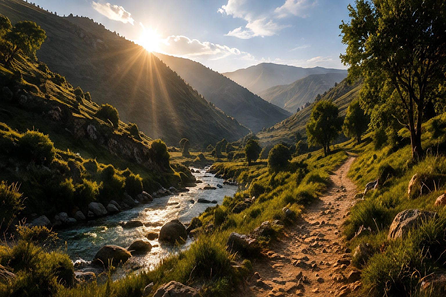 Río limpio atravesando un valle montañoso iluminado por el amanecer, asociado al agua, bautismo y nuevo nacimiento.