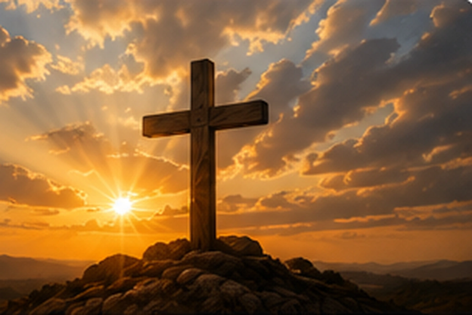 Cruz de madera en una colina al amanecer, asociada al contexto cristológico de Juan 3:16.