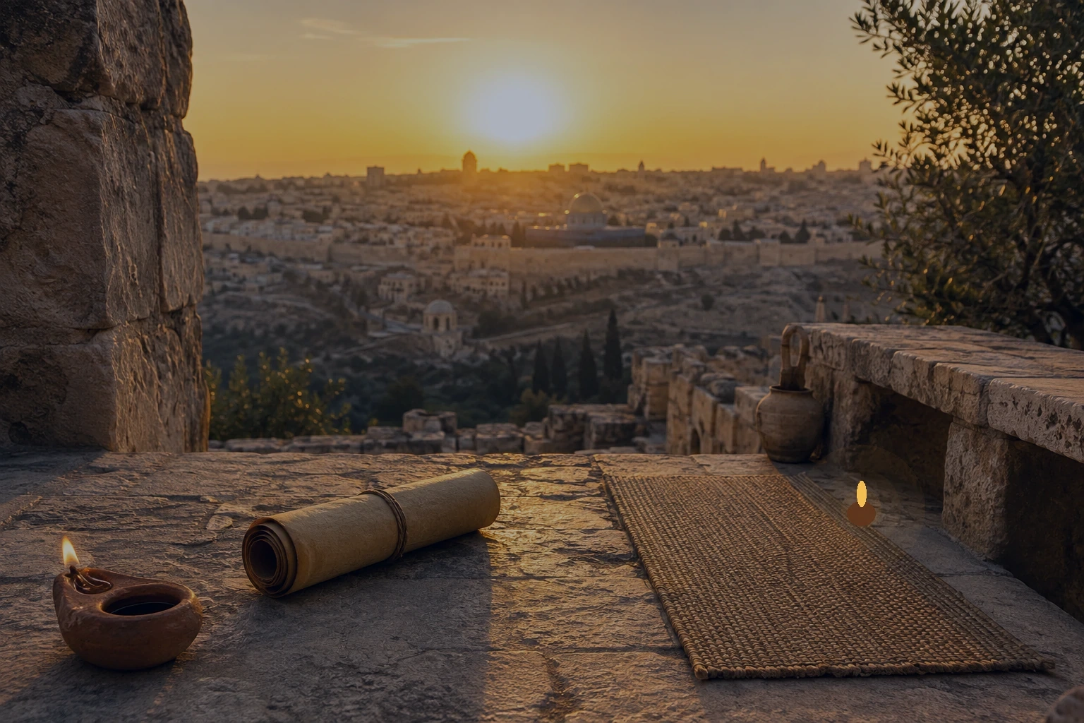 Nueva vida representada por el amanecer sobre Jerusalén, con una lámpara y un rollo cerrado en primer plano, sin texto visible.