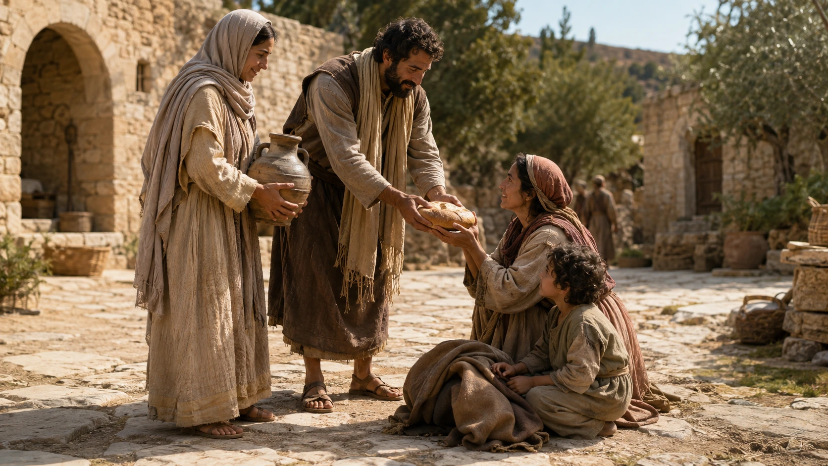 Una familia entrega alimento y agua a otra persona necesitada en una aldea antigua, imagen de amor leal y misericordia.
