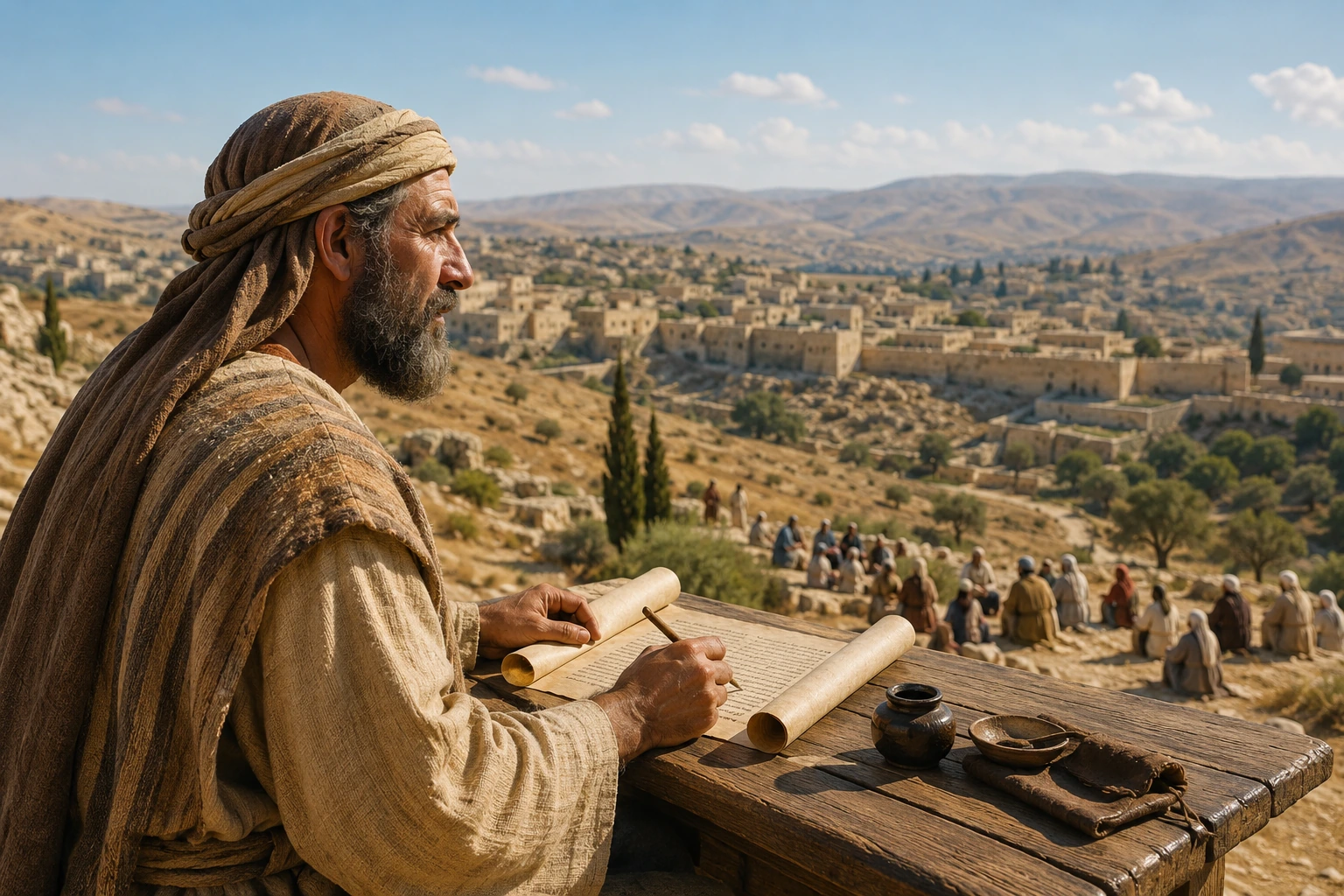 Estudioso judío del siglo I con Jerusalén al fondo, imagen del debate sobre Torá, tradición y autoridad.