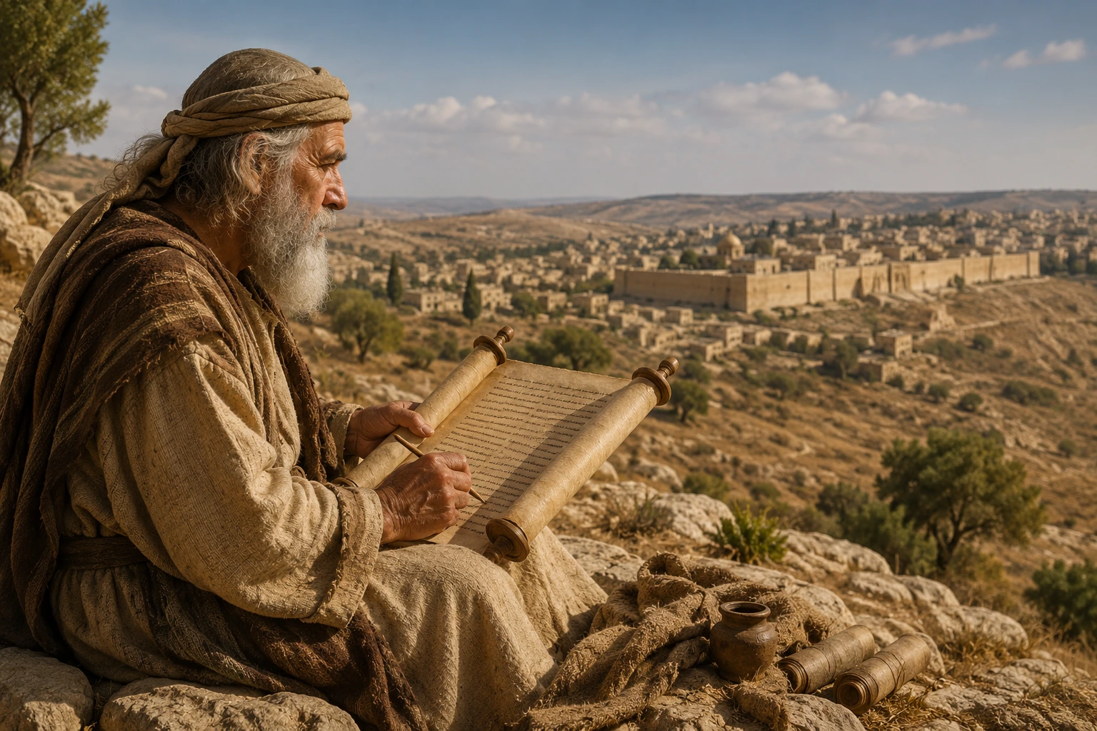 Maestro judío del siglo I leyendo un rollo con Jerusalén al fondo, evocando los debates de interpretación de la Torá en los evangelios.