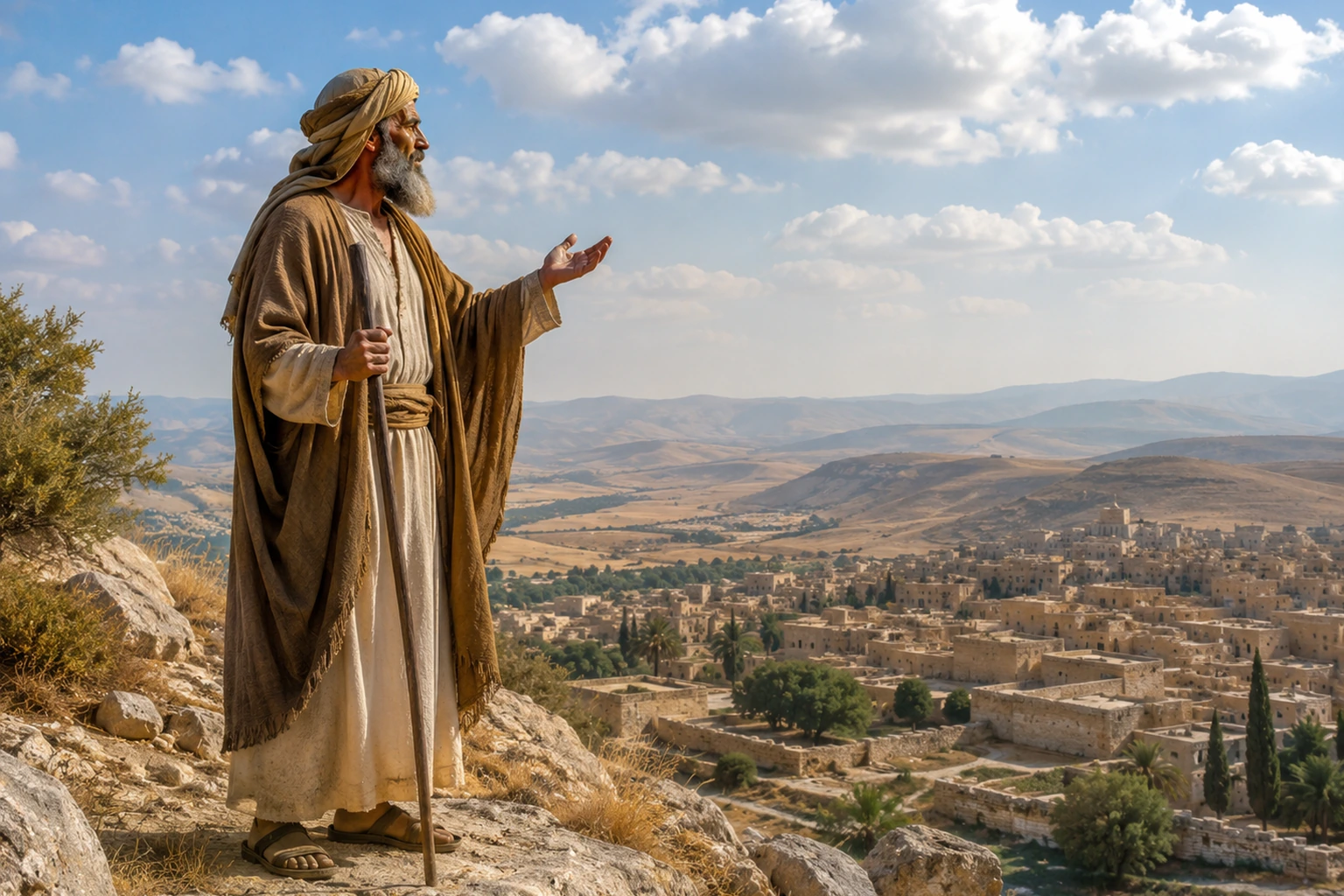 Maestro judío del siglo I observando Jerusalén y su entorno, evocando la diversidad religiosa del judaísmo del Segundo Templo.