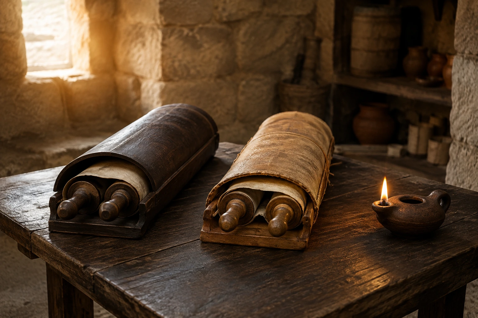 Imagen histórica realista relacionada directamente con manuscritos del mar muerto: ¿qué contienen realmente?, sin texto añadido.