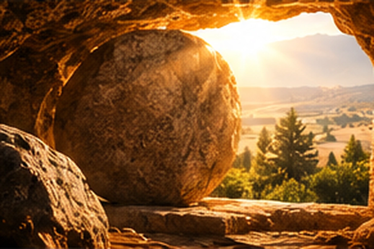 Interior de una tumba de roca vacía con gran piedra desplazada y luz de amanecer entrando desde el exterior, sin texto.