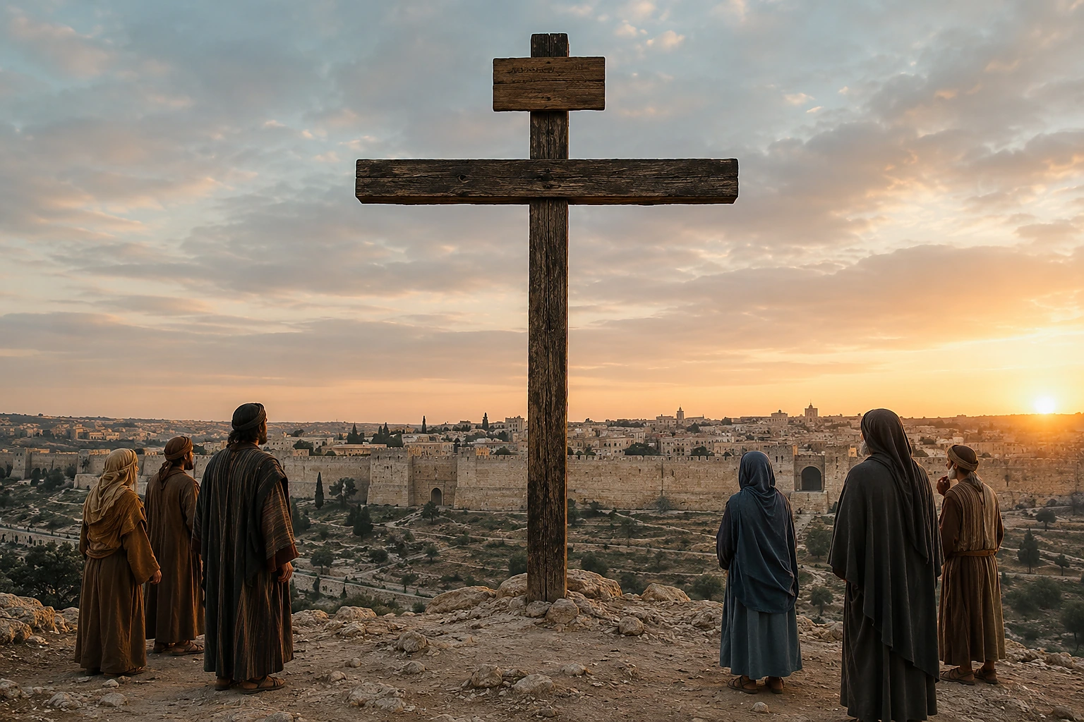 Gran cruz de madera completa frente a Jerusalén al atardecer, con observadores completos y sin texto sobreimpreso.