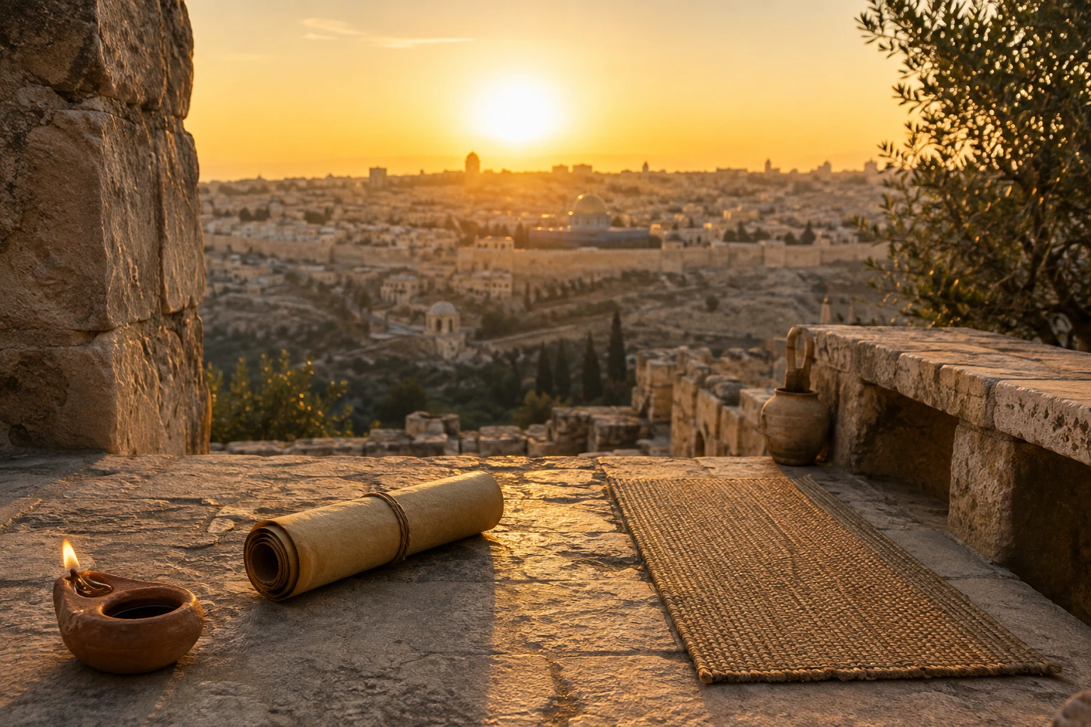 Vista amplia de una ciudad antigua amurallada desde una terraza de piedra al atardecer, sin personas ni texto visible.