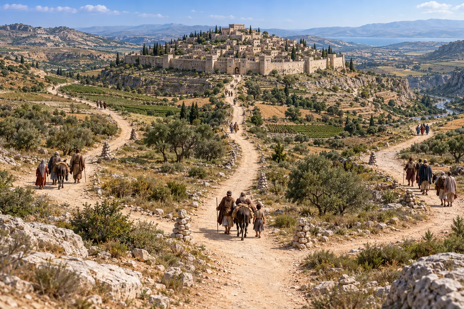 Caminos antiguos que convergen en una ciudad fortificada de las tierras de Israel